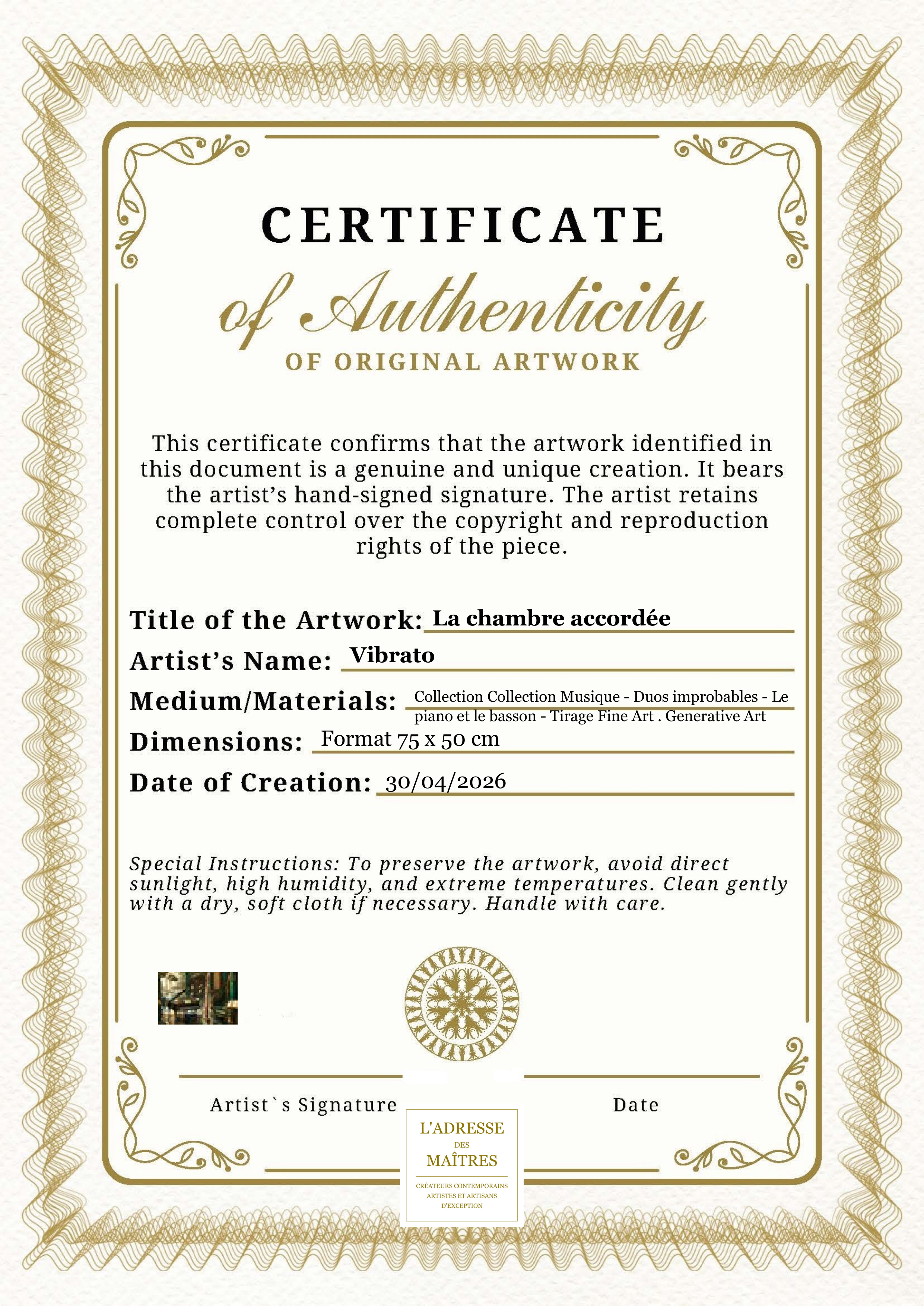 Certificat d'authenticité — La chambre accordée — Vibrato