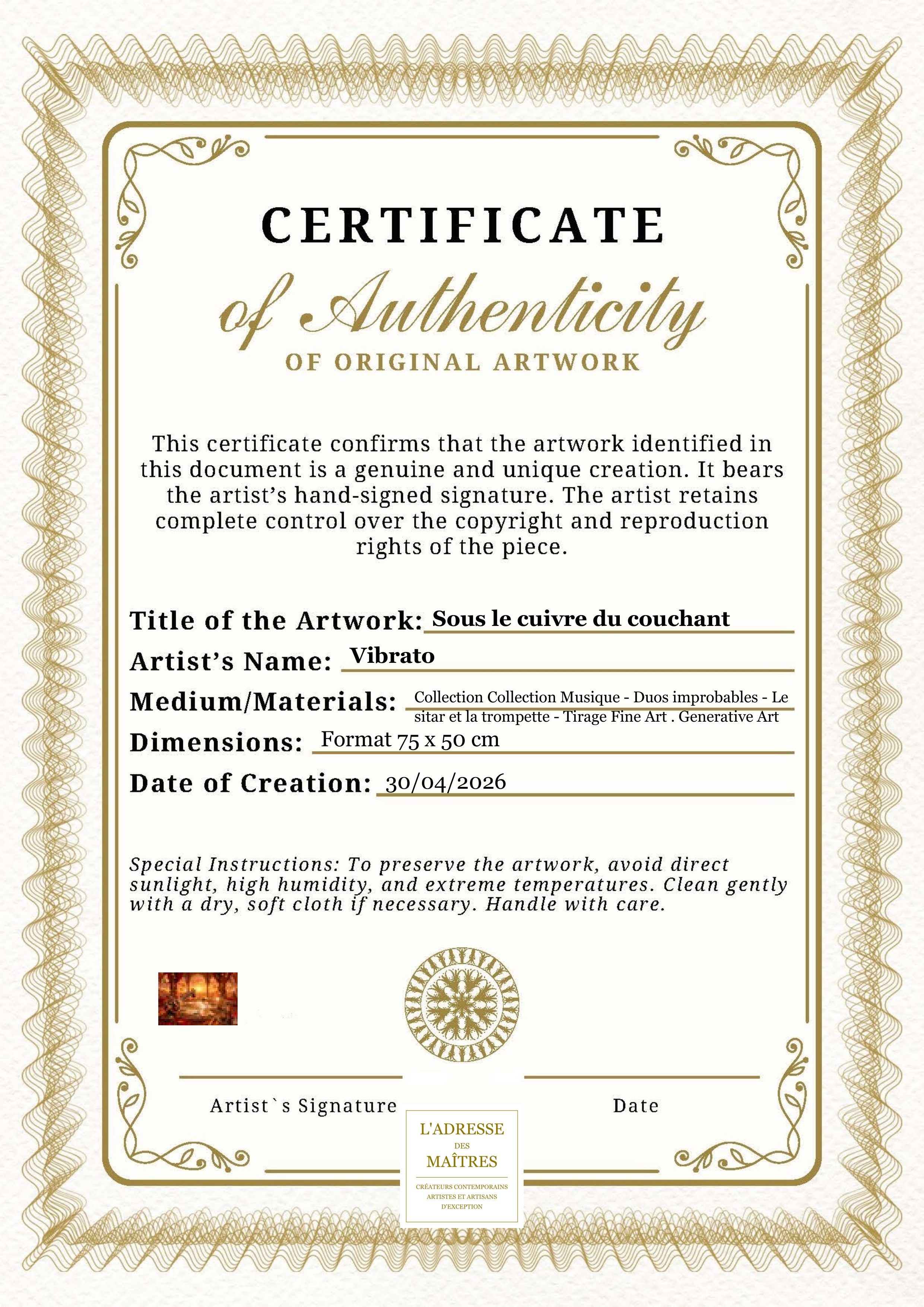 Certificat d'authenticité — Sous le cuivre du couchant — Vibrato