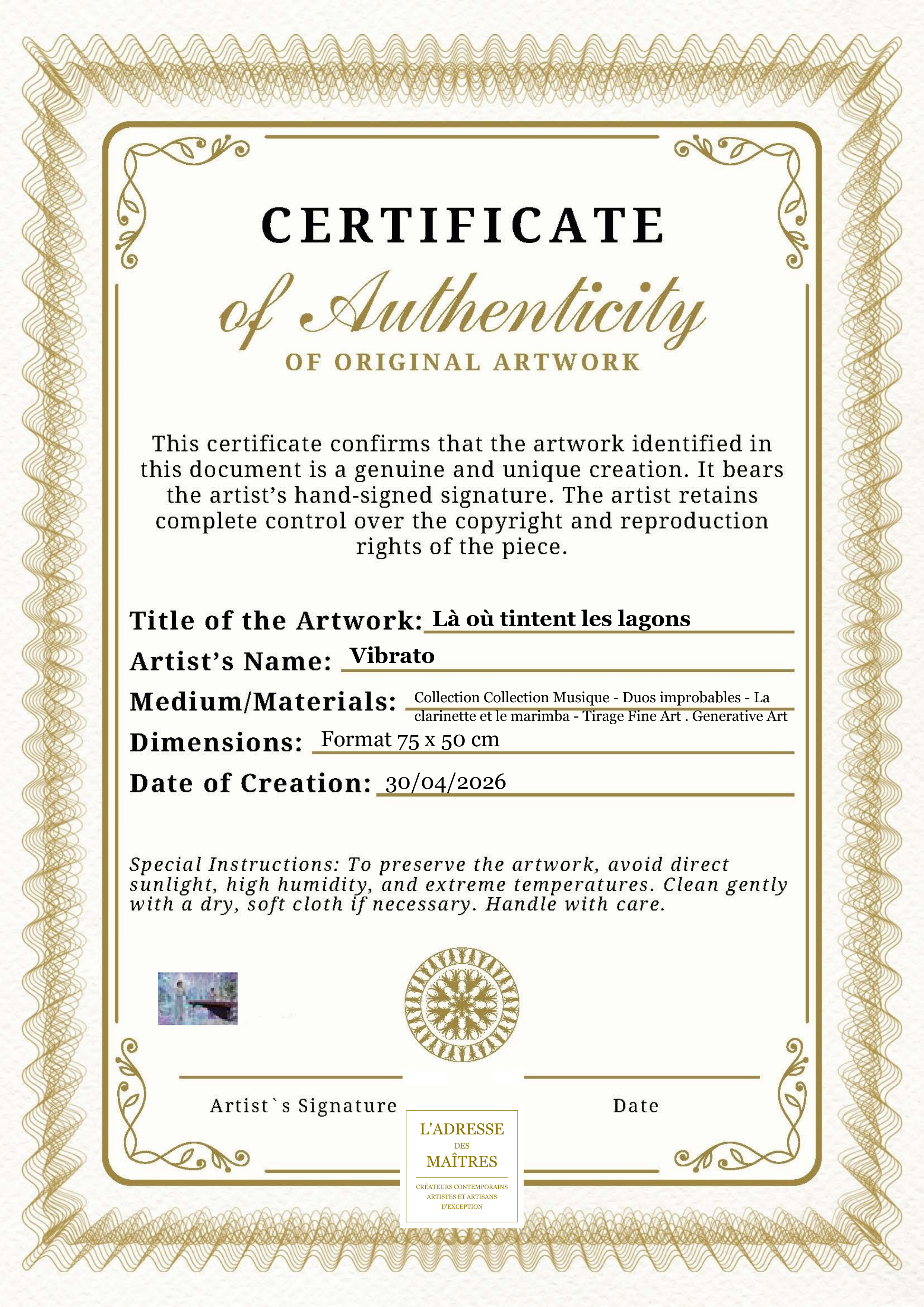 Certificat d'authenticité — Là où tintent les lagons — Vibrato