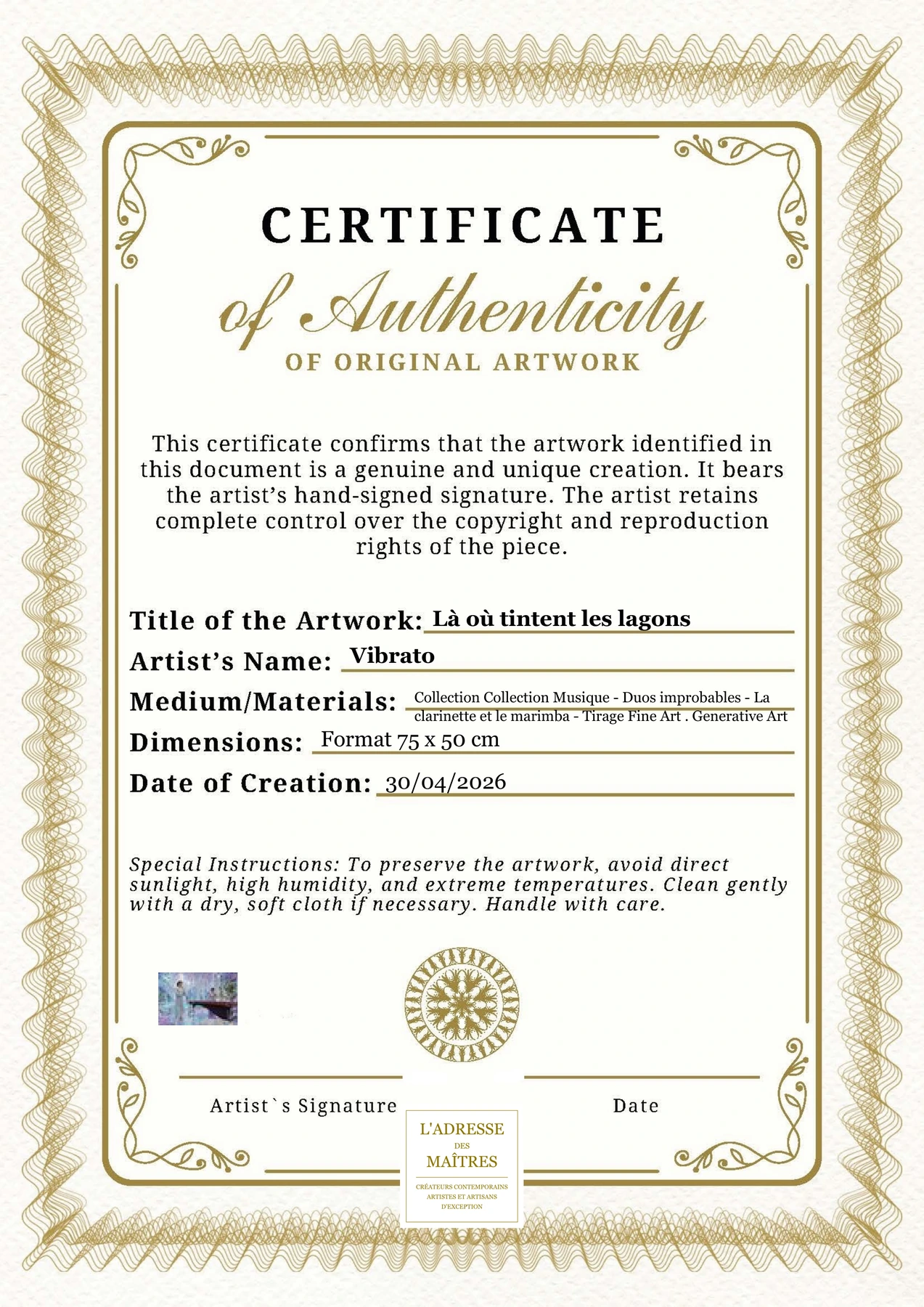 Certificat d'authenticité - Là où tintent les lagons - Vibrato