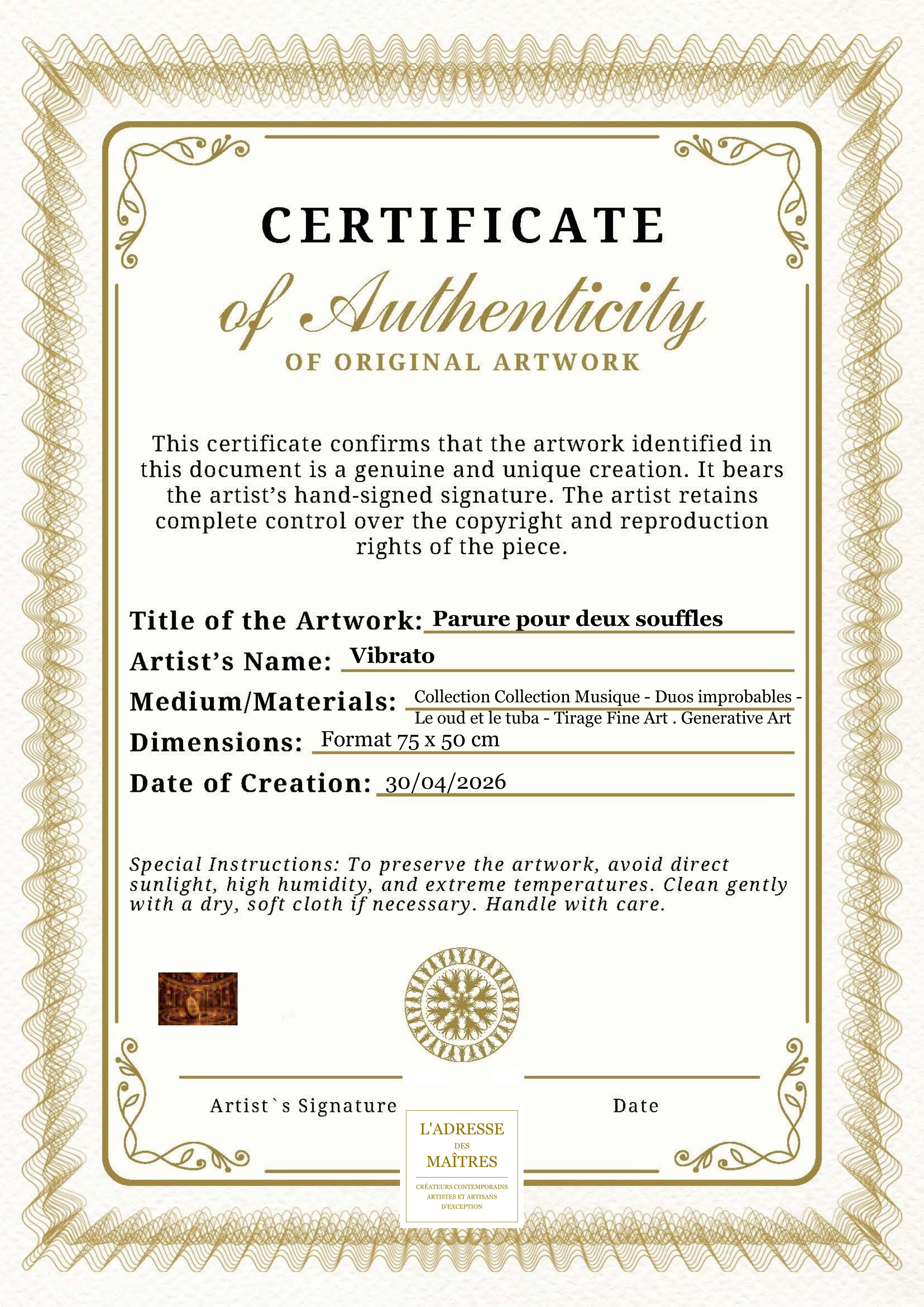 Certificat d'authenticité — Parure pour deux souffles — Vibrato