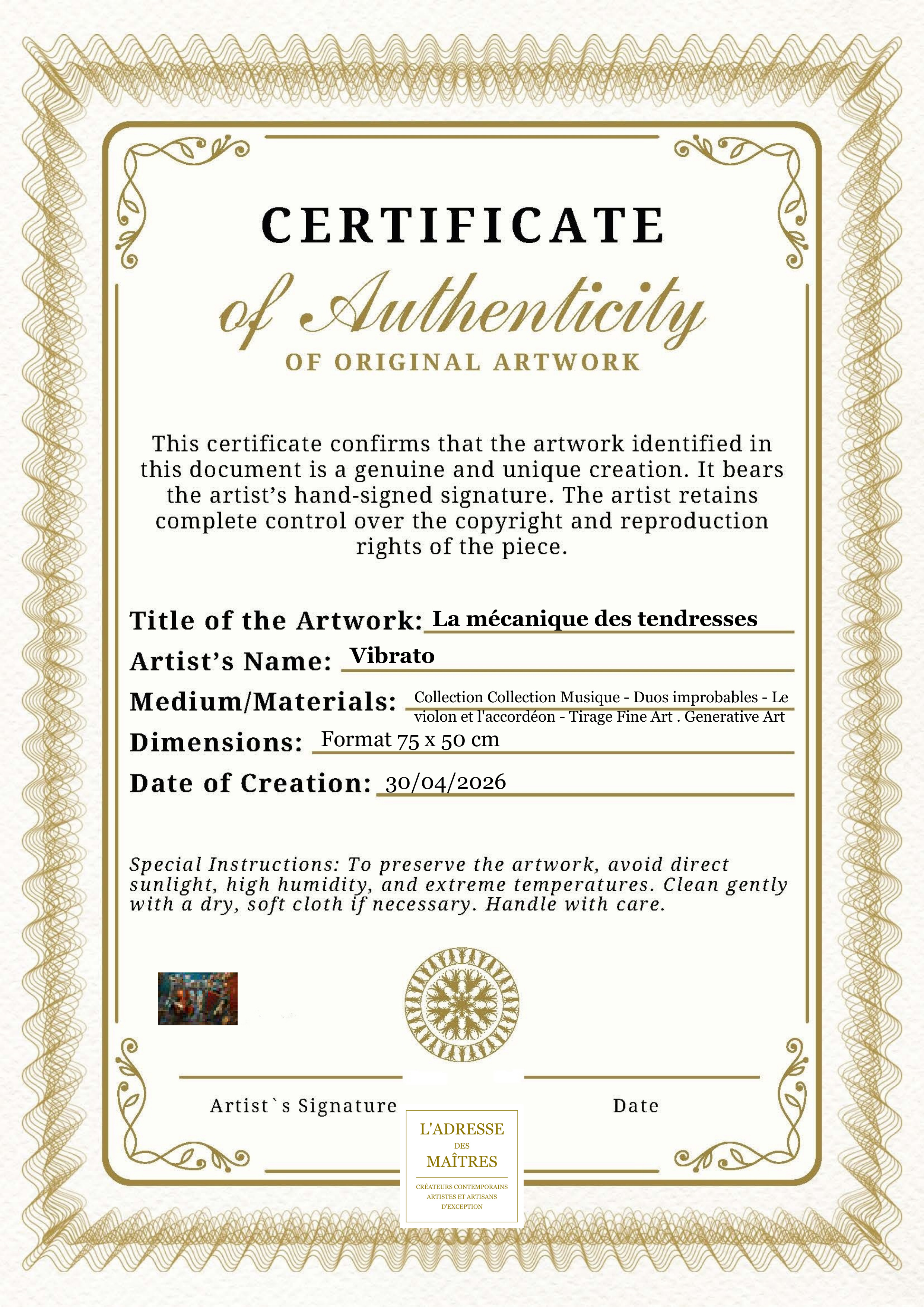 Certificat d'authenticité — La mécanique des tendresses — Vibrato