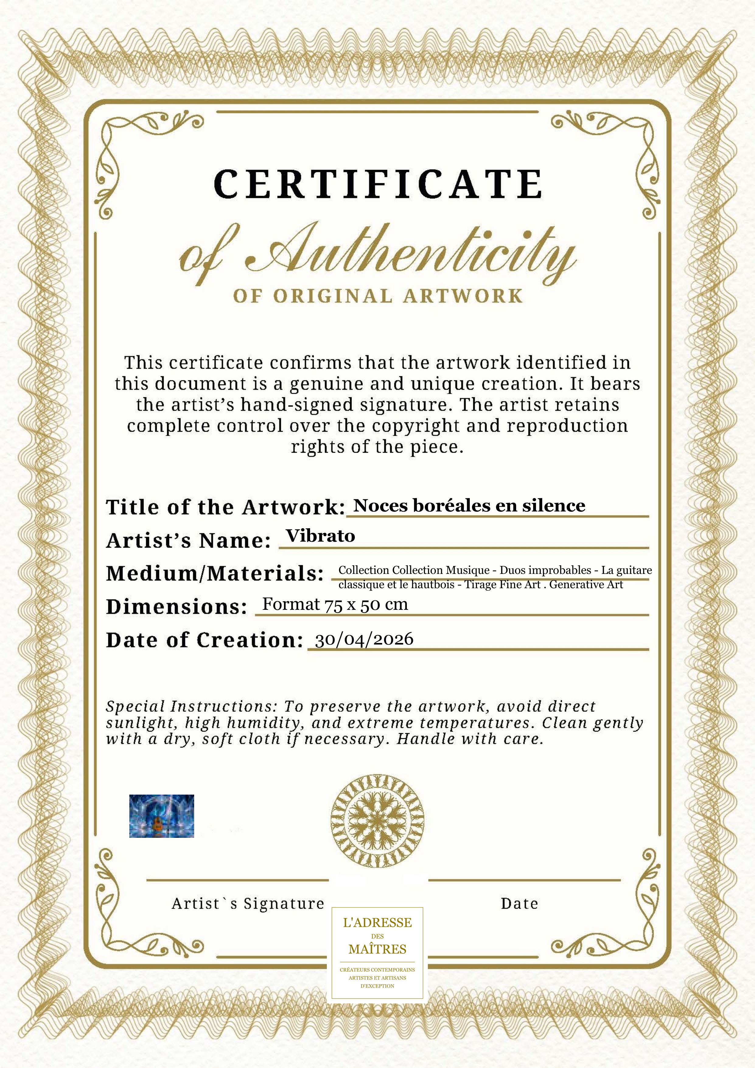 Certificat d'authenticité — Noces boréales en silence — Vibrato