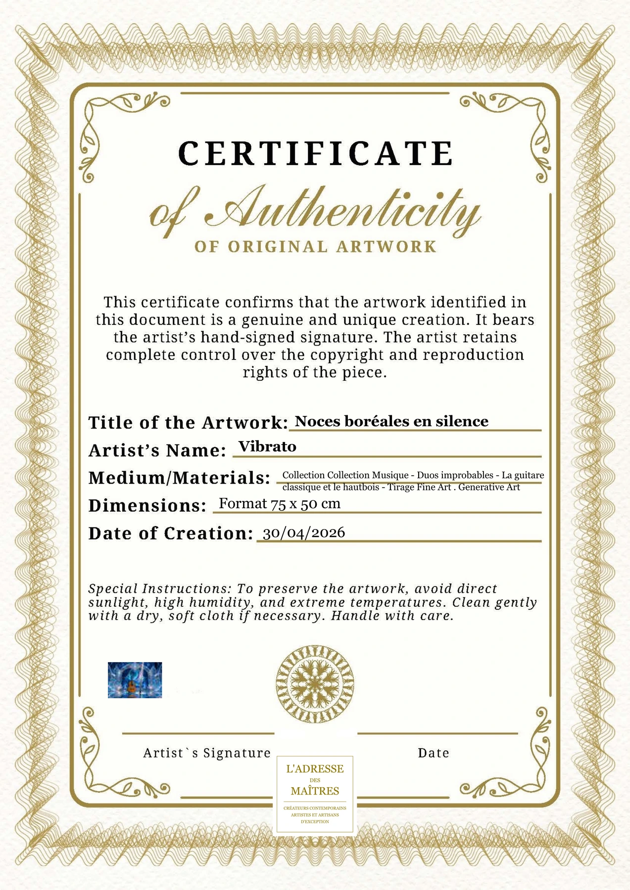 Certificat d'authenticité - Noces boréales en silence - Vibrato