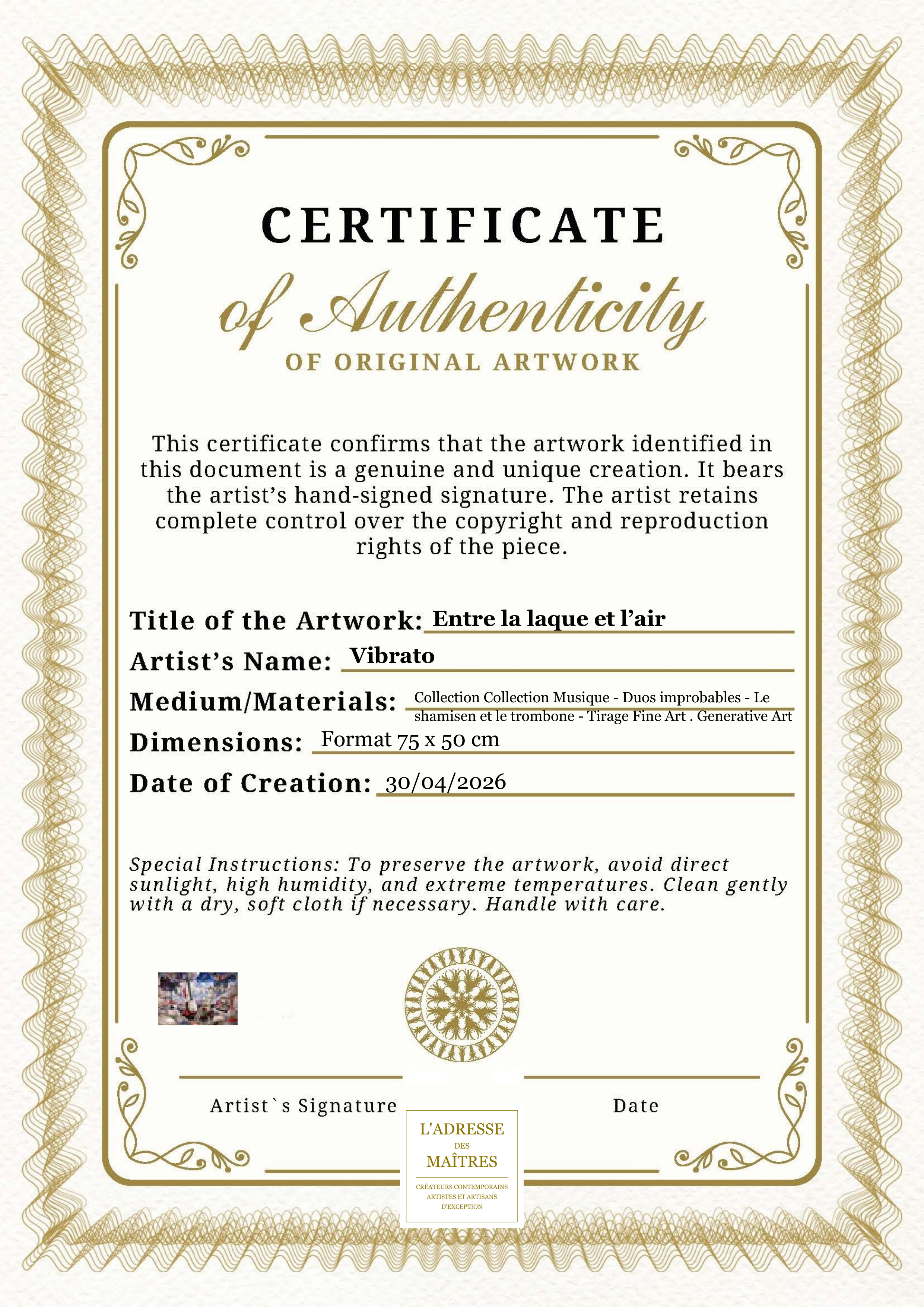 Certificat d'authenticité — Entre la laque et l’air — Vibrato