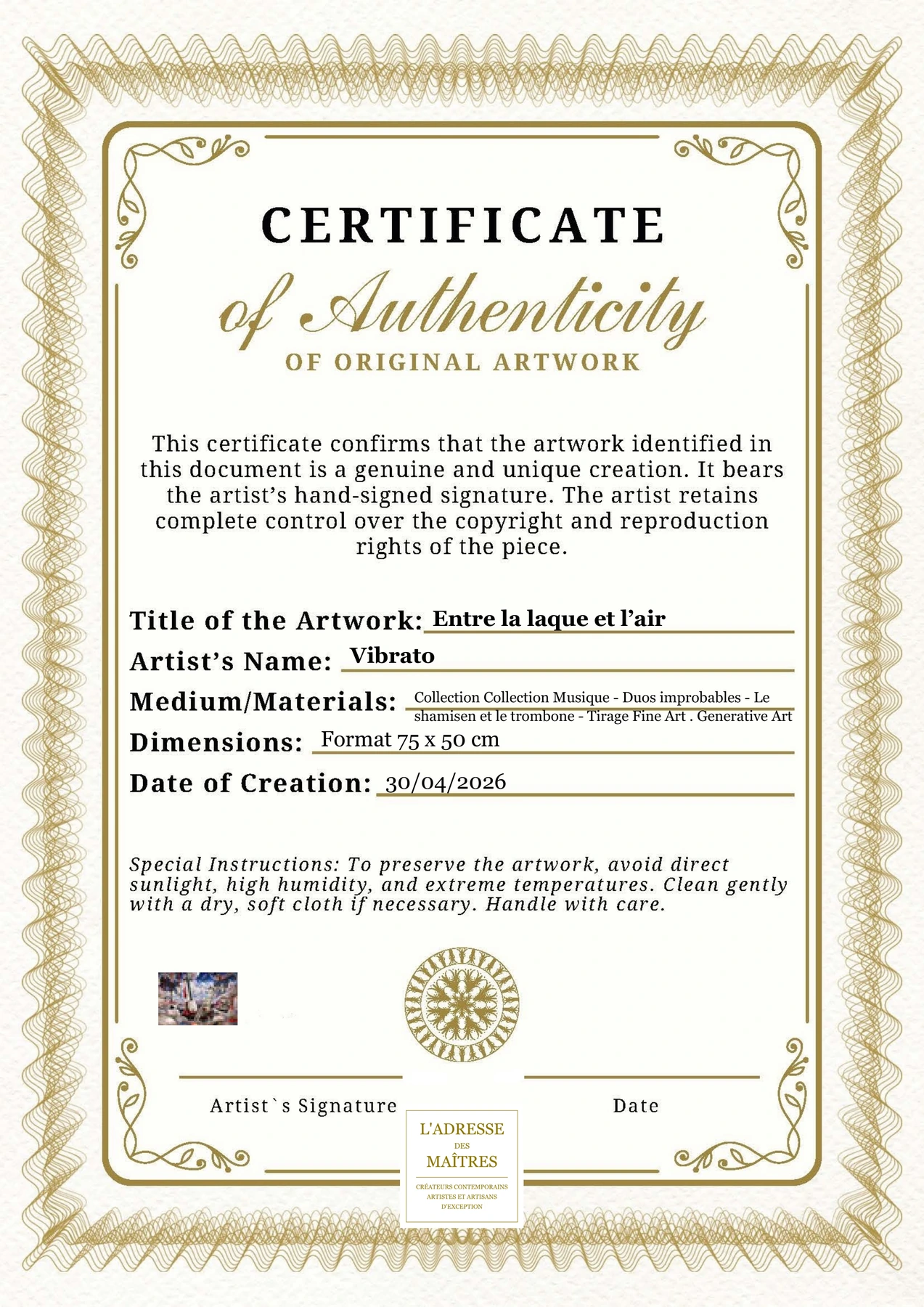 Certificat d'authenticité - Entre la laque et l’air - Vibrato