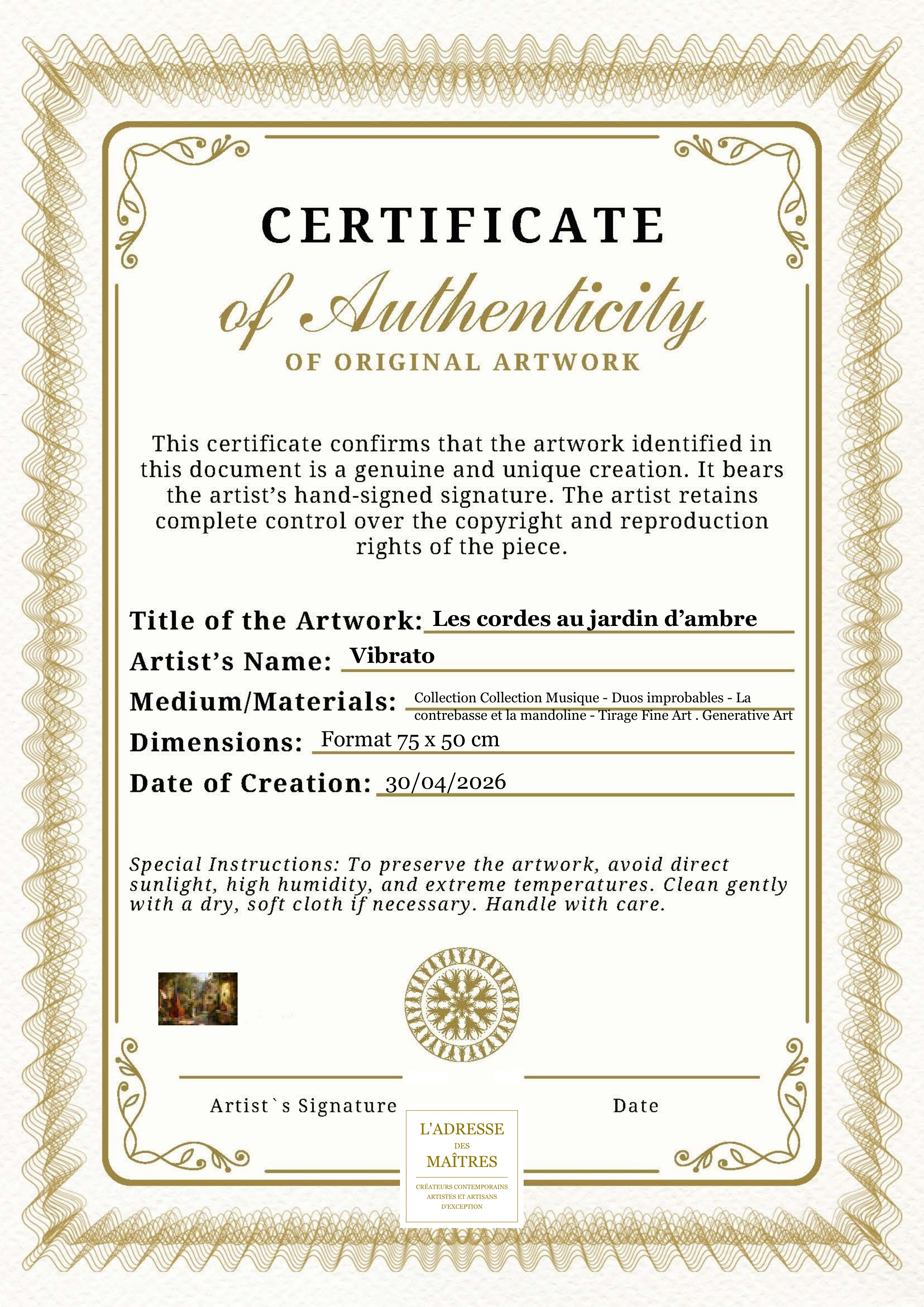 Certificat d'authenticité — Les cordes au jardin d’ambre — Vibrato