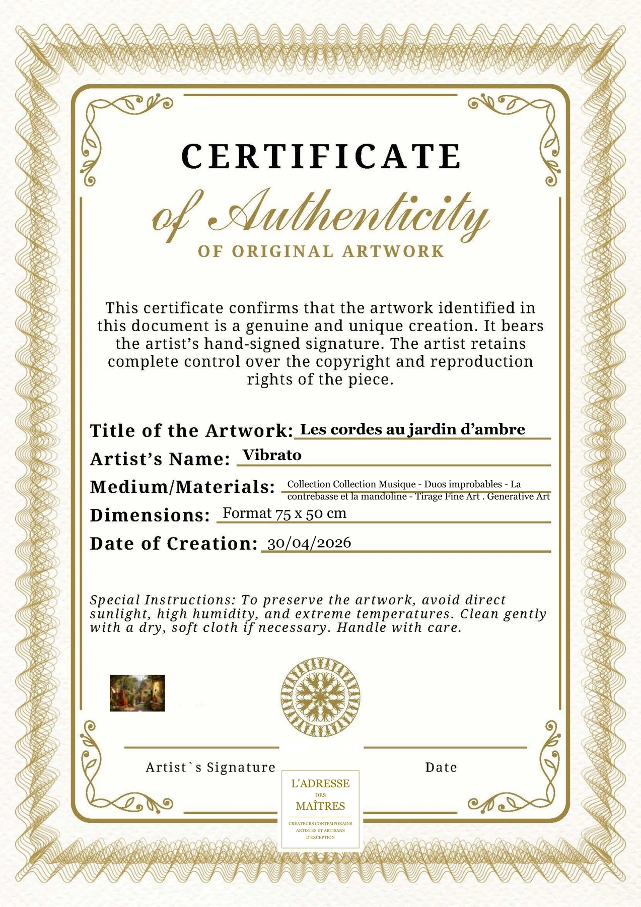 Certificat d'authenticité - Les cordes au jardin d’ambre - Vibrato