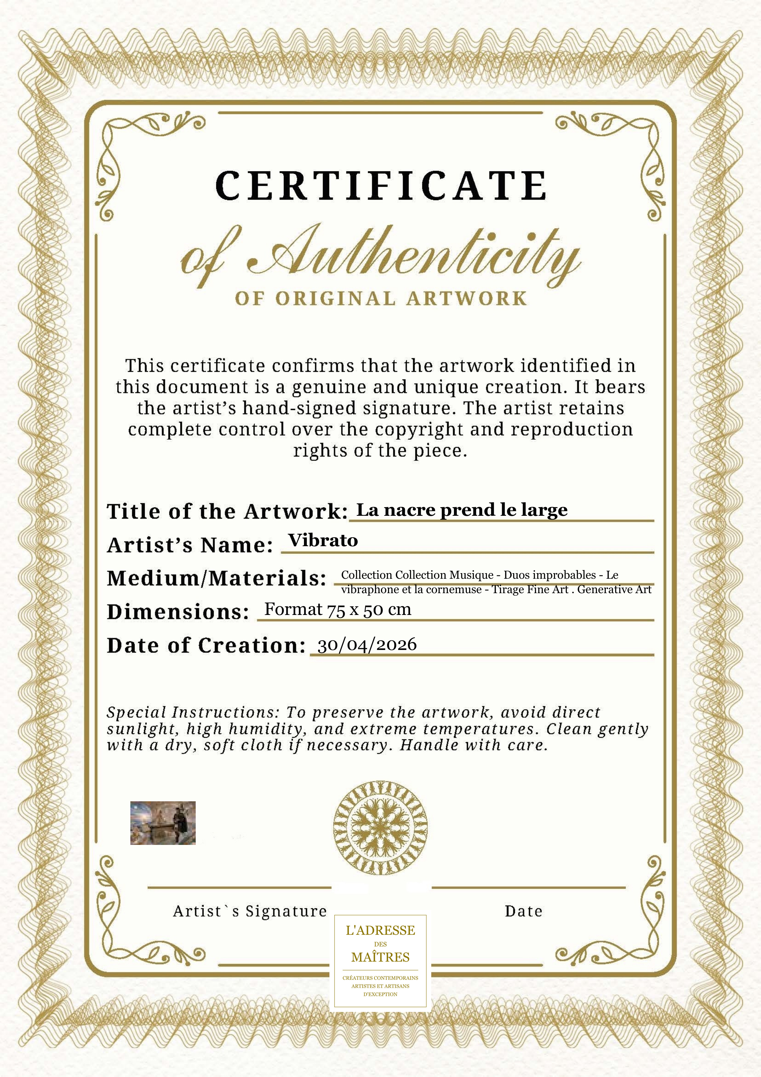 Certificat d'authenticité — La nacre prend le large — Vibrato