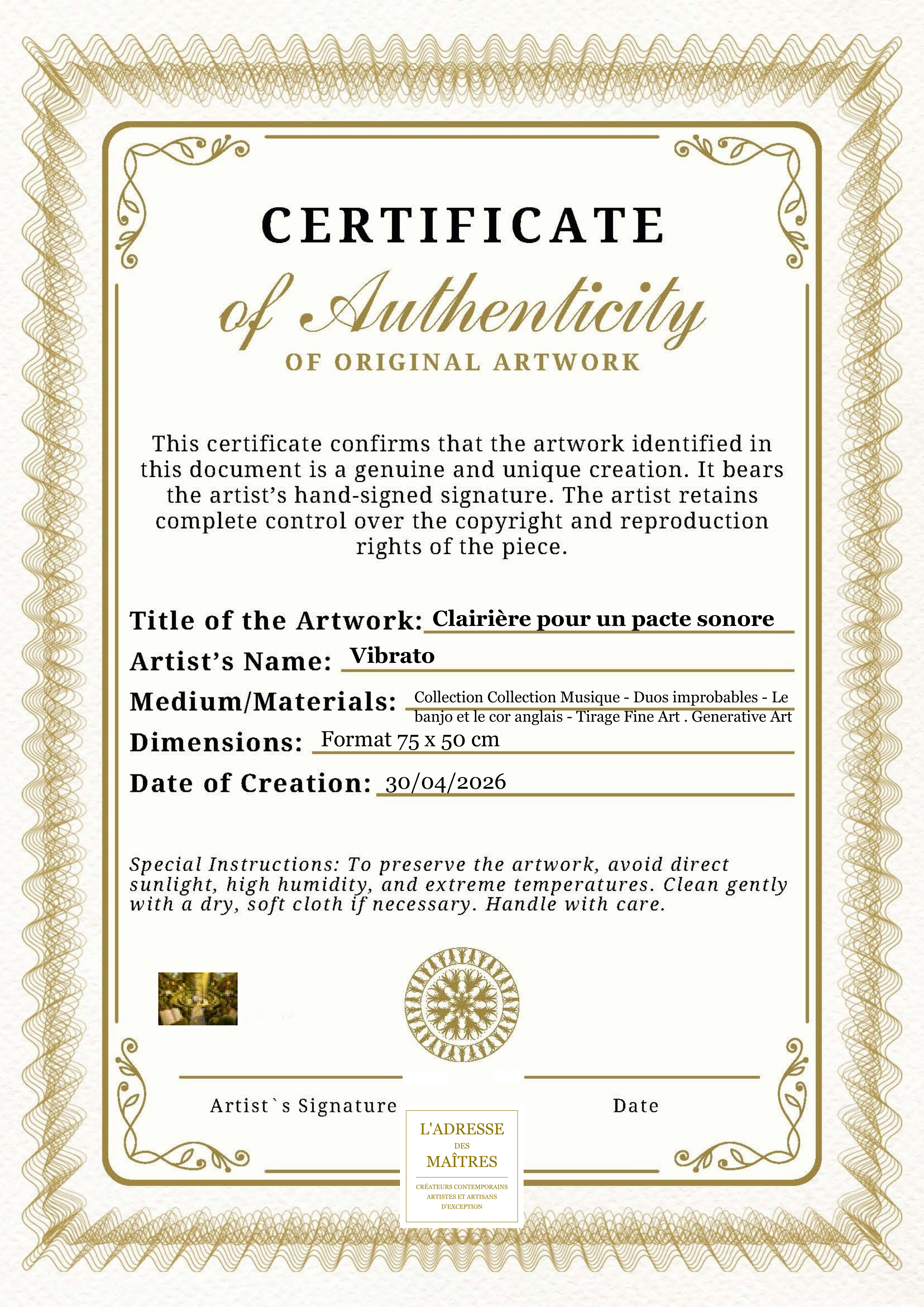 Certificat d'authenticité — Clairière pour un pacte sonore — Vibrato