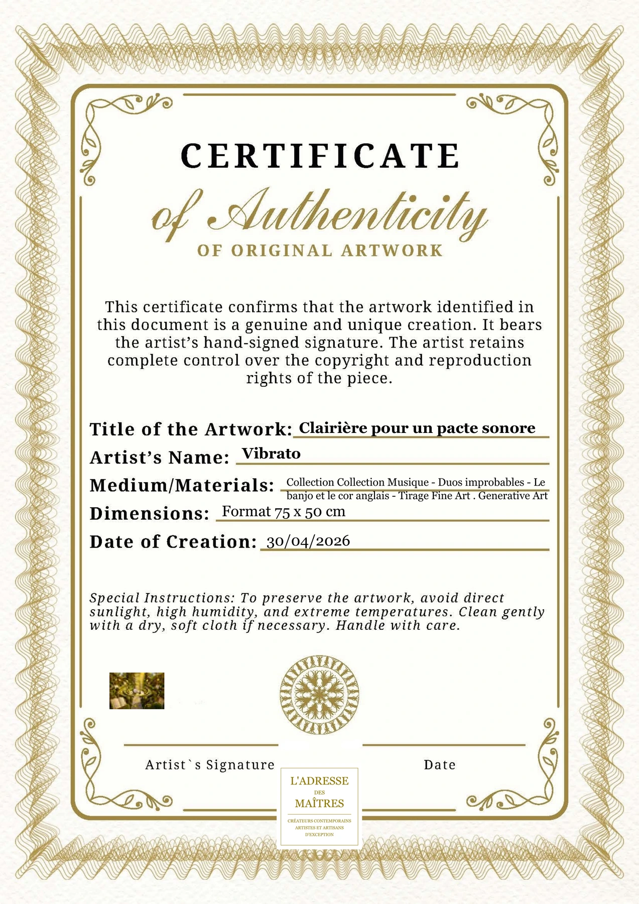 Certificat d'authenticité - Clairière pour un pacte sonore - Vibrato