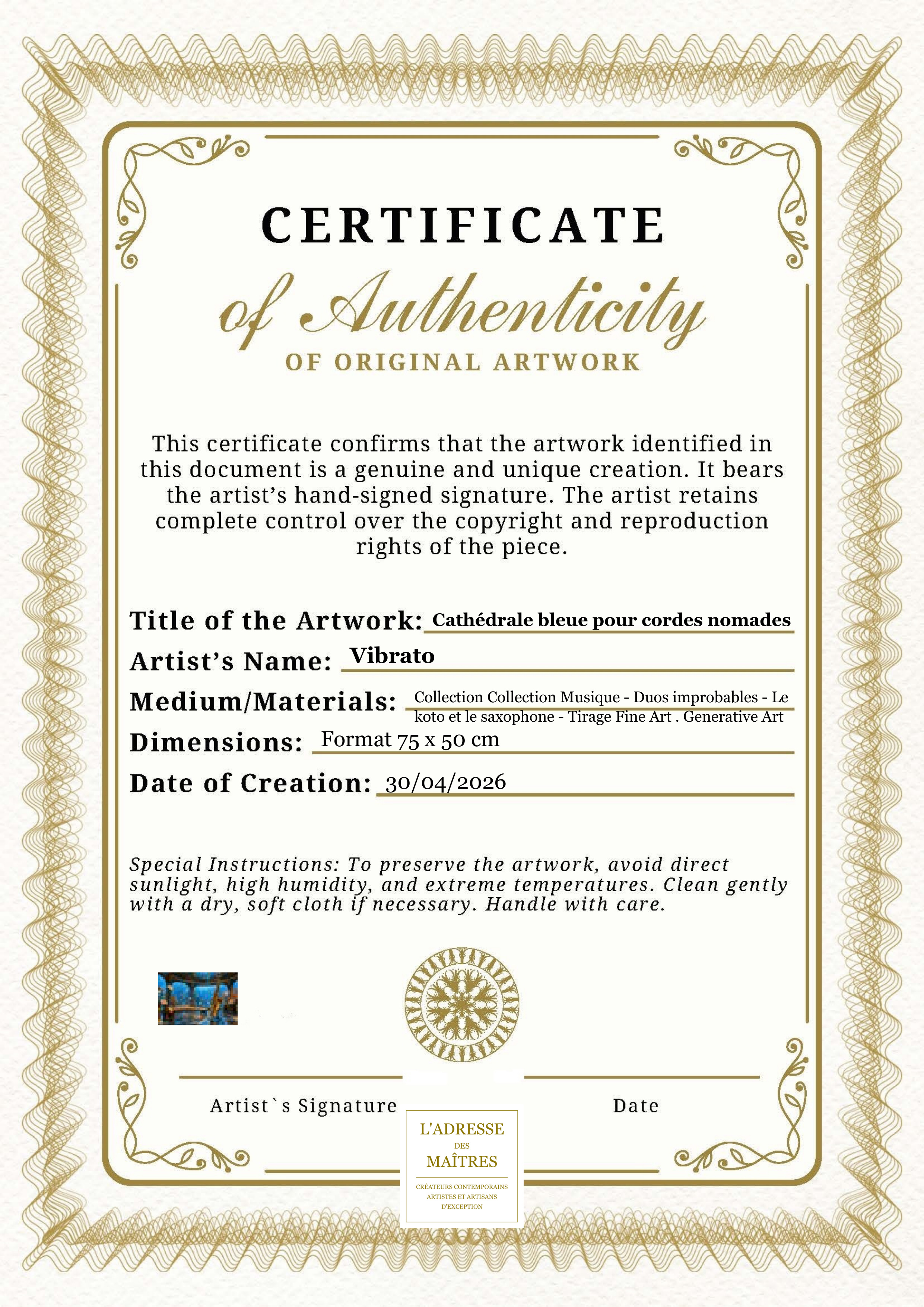 Certificat d'authenticité — Cathédrale bleue pour cordes nomades — Vibrato