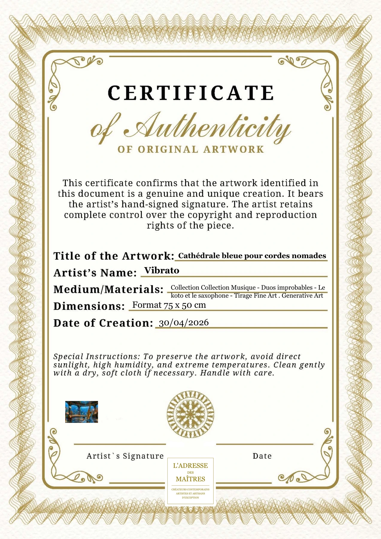 Certificat d'authenticité - Cathédrale bleue pour cordes nomades - Vibrato