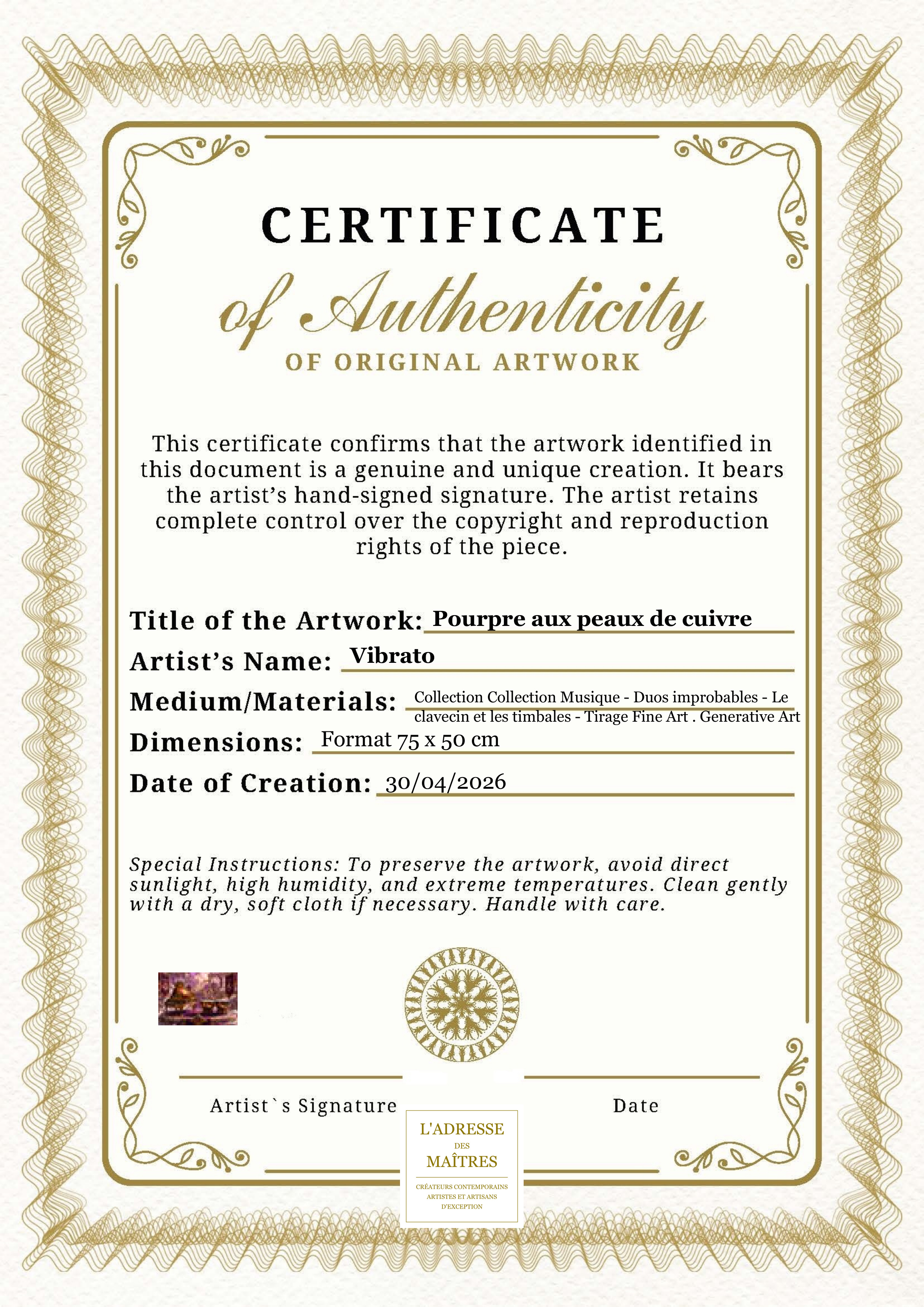 Certificat d'authenticité — Pourpre aux peaux de cuivre — Vibrato