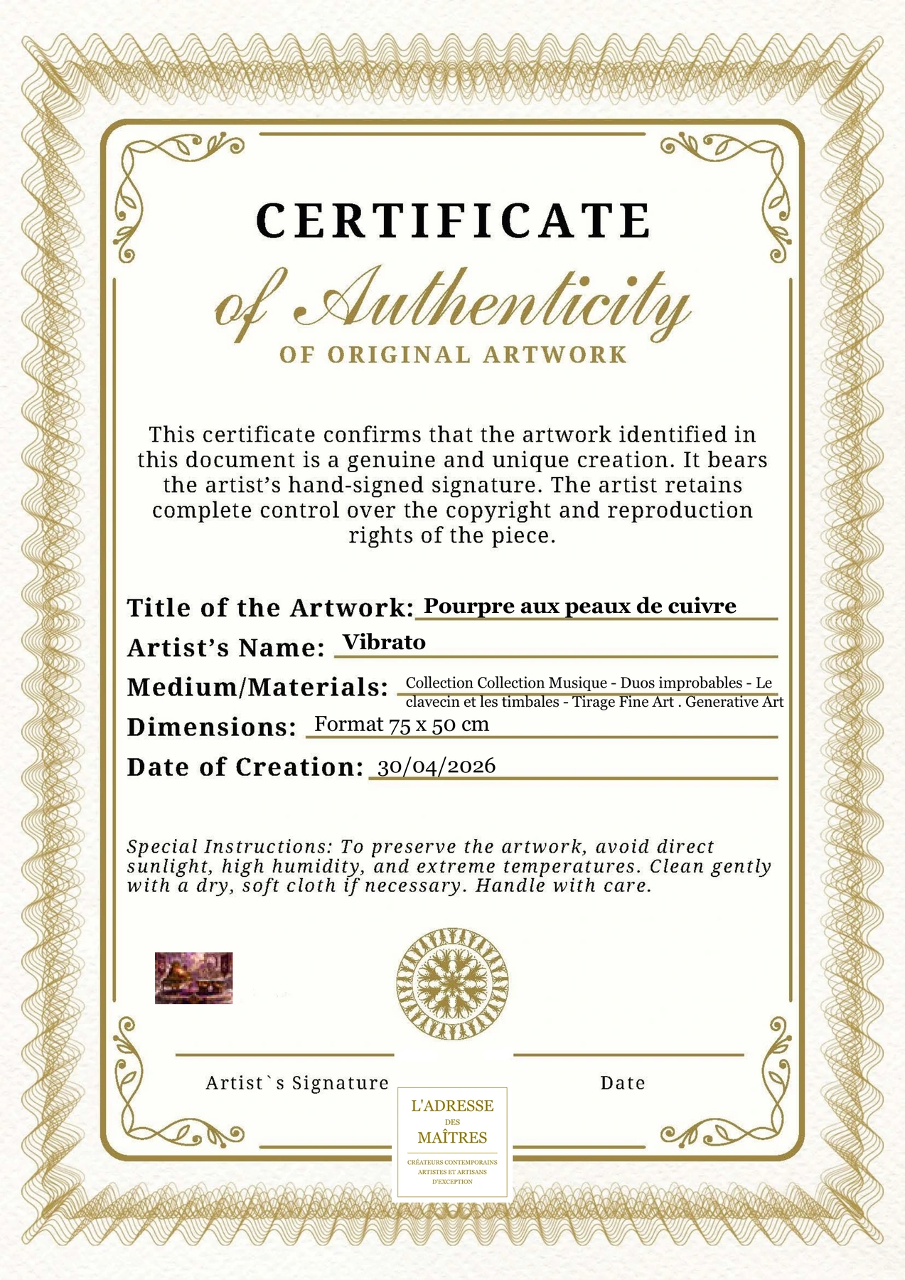 Certificat d'authenticité - Pourpre aux peaux de cuivre - Vibrato