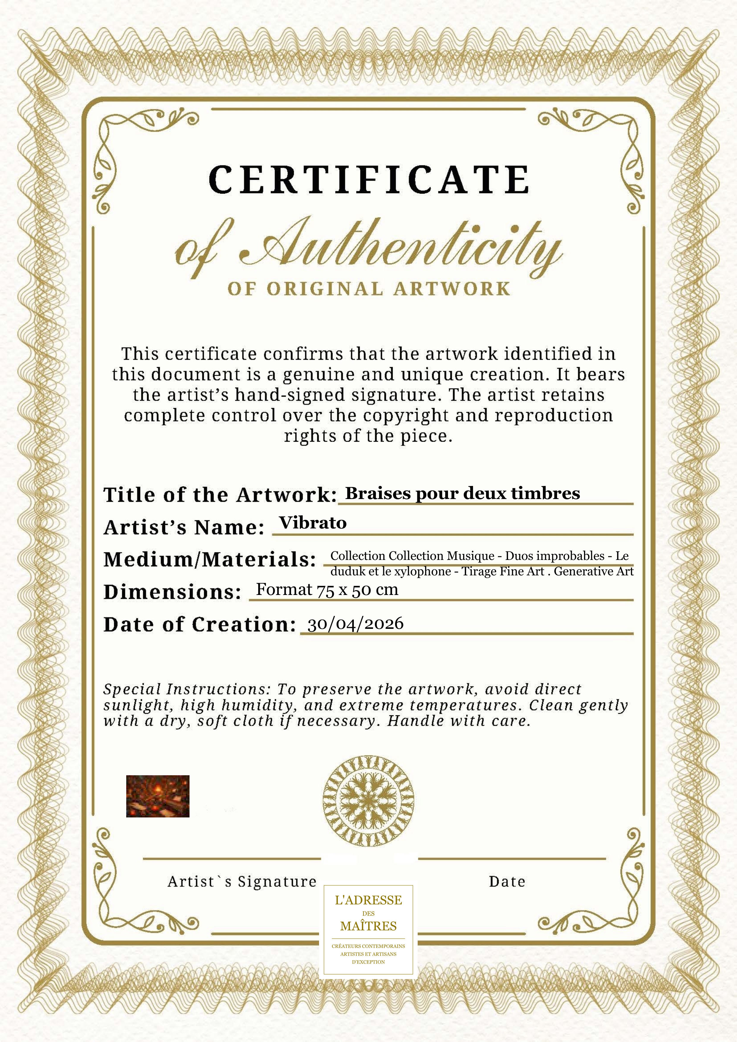 Certificat d'authenticité — Braises pour deux timbres — Vibrato