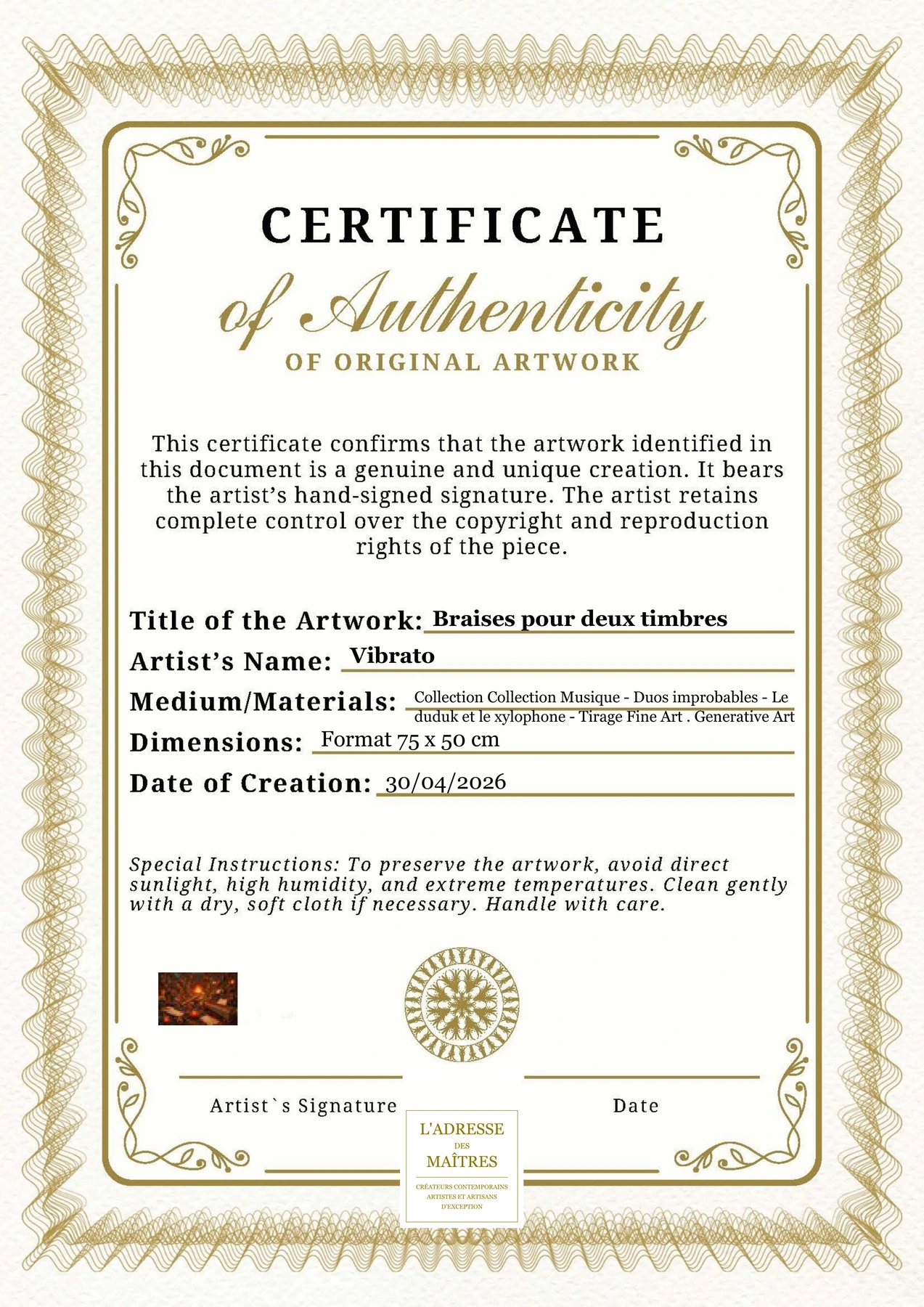 Certificat d'authenticité - Braises pour deux timbres - Vibrato