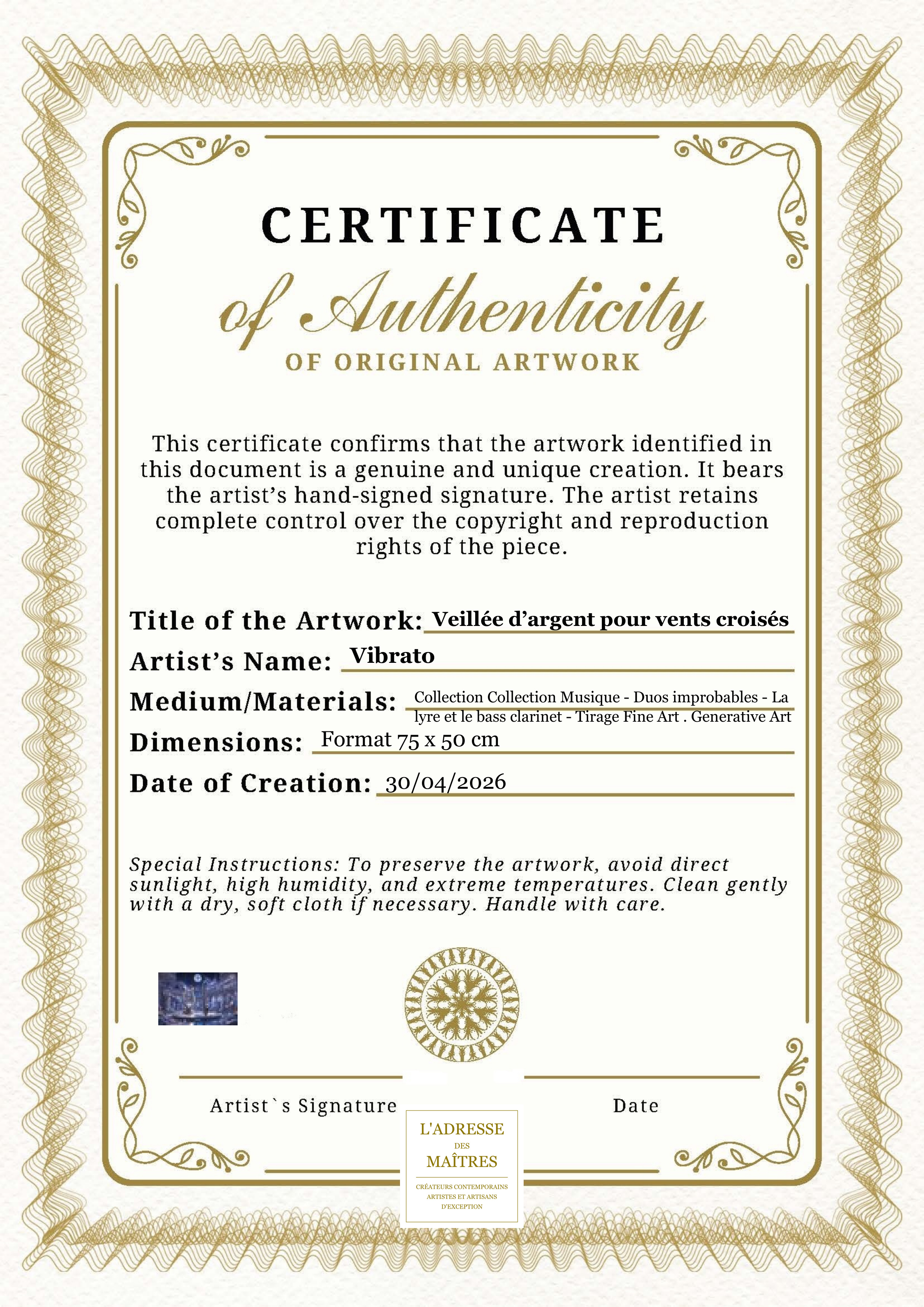 Certificat d'authenticité — Veillée d’argent pour vents croisés — Vibrato