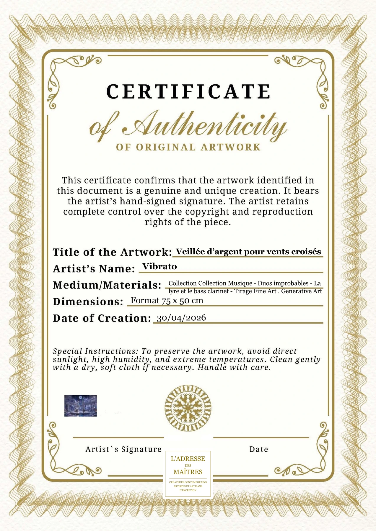 Certificat d'authenticité - Veillée d’argent pour vents croisés - Vibrato