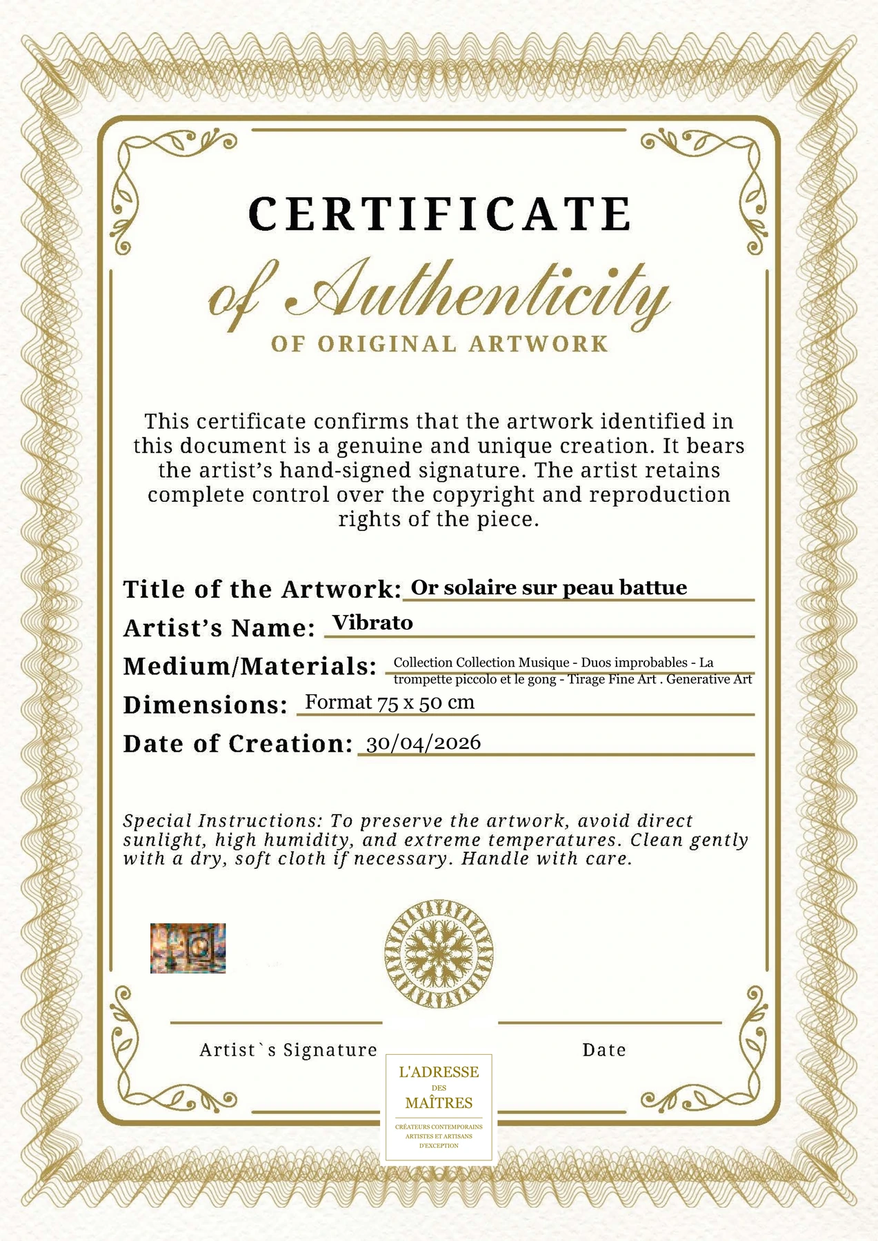 Certificat d'authenticité - Or solaire sur peau battue - Vibrato