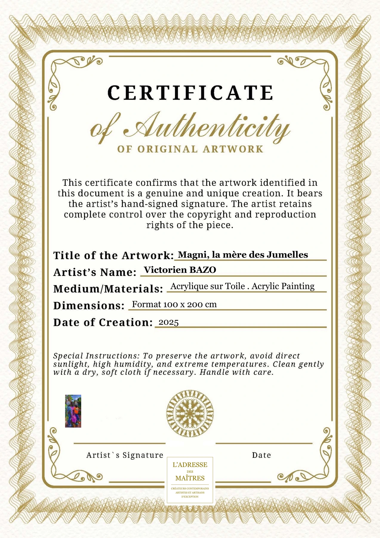 Certificat d'authenticité - Magni, la mère des Jumelles - Victorien BAZO