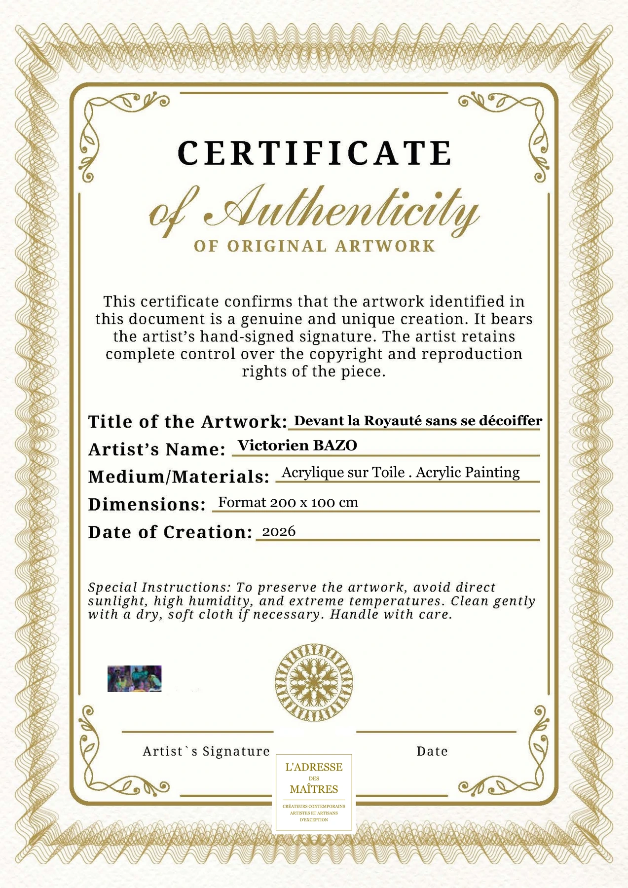 Certificat d'authenticité - Devant la Royauté sans se décoiffer - Victorien BAZO
