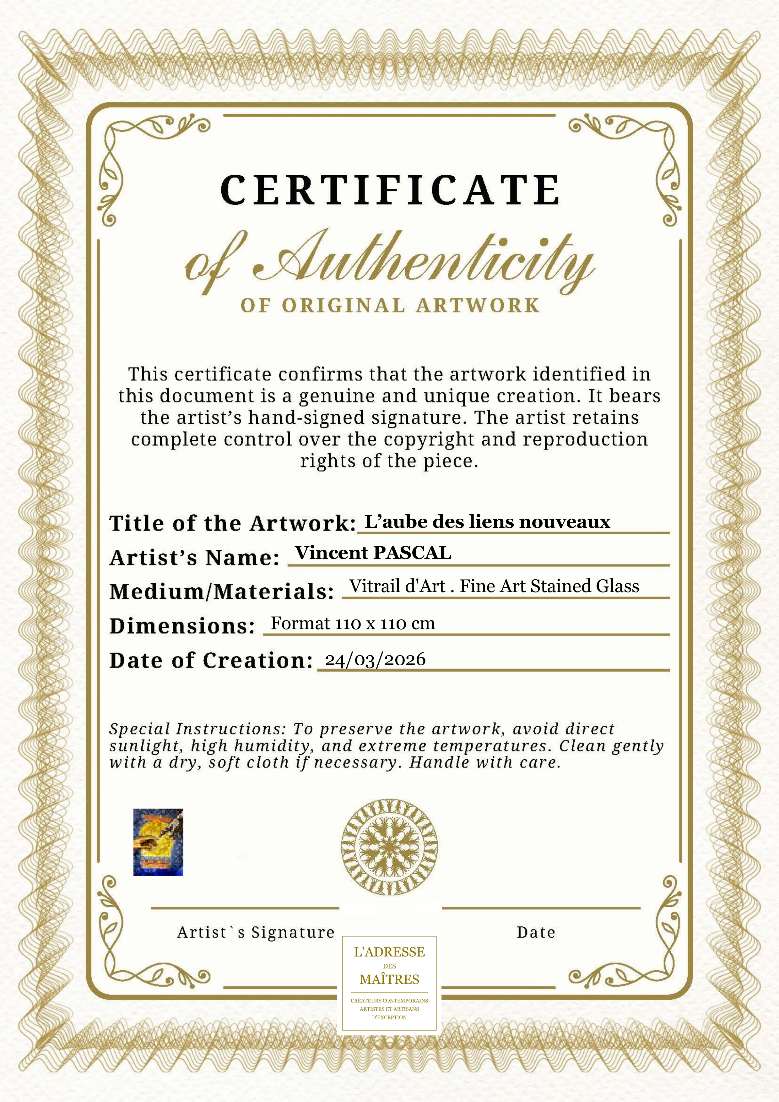 Certificat d'authenticité — L’aube des liens nouveaux — Vincent PASCAL