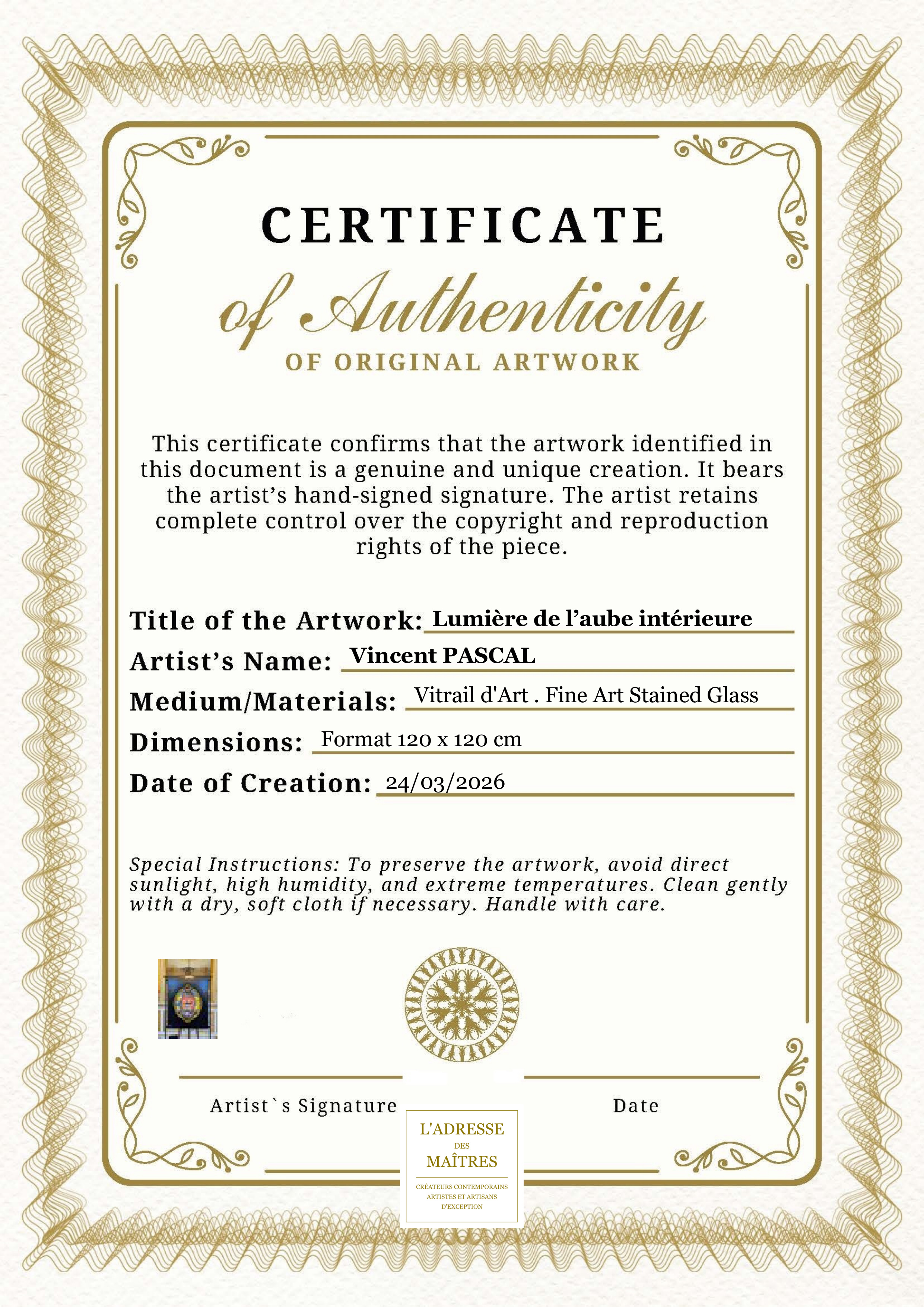 Certificat d'authenticité — Lumière de l’aube intérieure — Vincent PASCAL