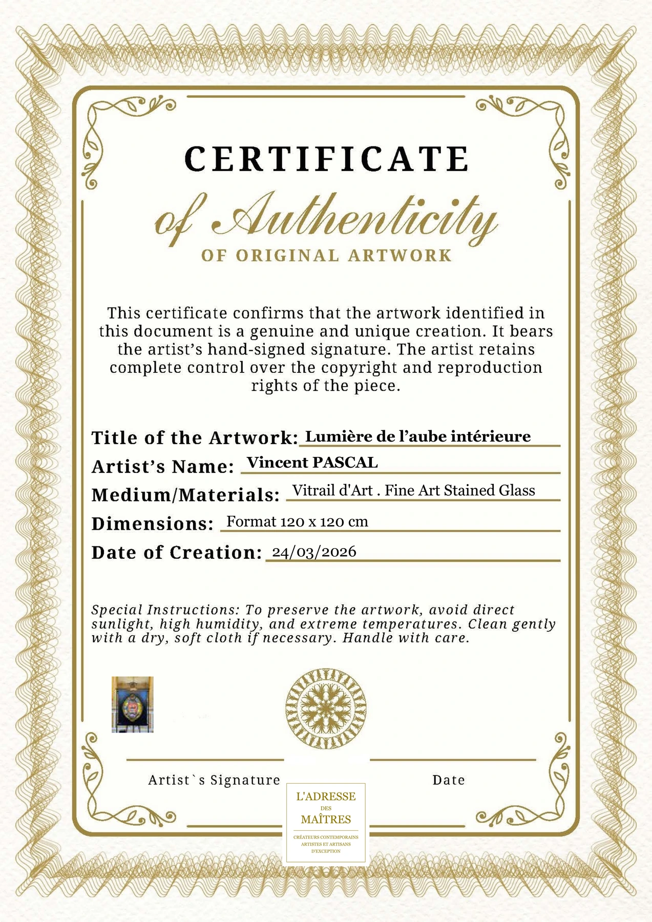 Certificat d'authenticité - Lumière de l’aube intérieure - Vincent PASCAL