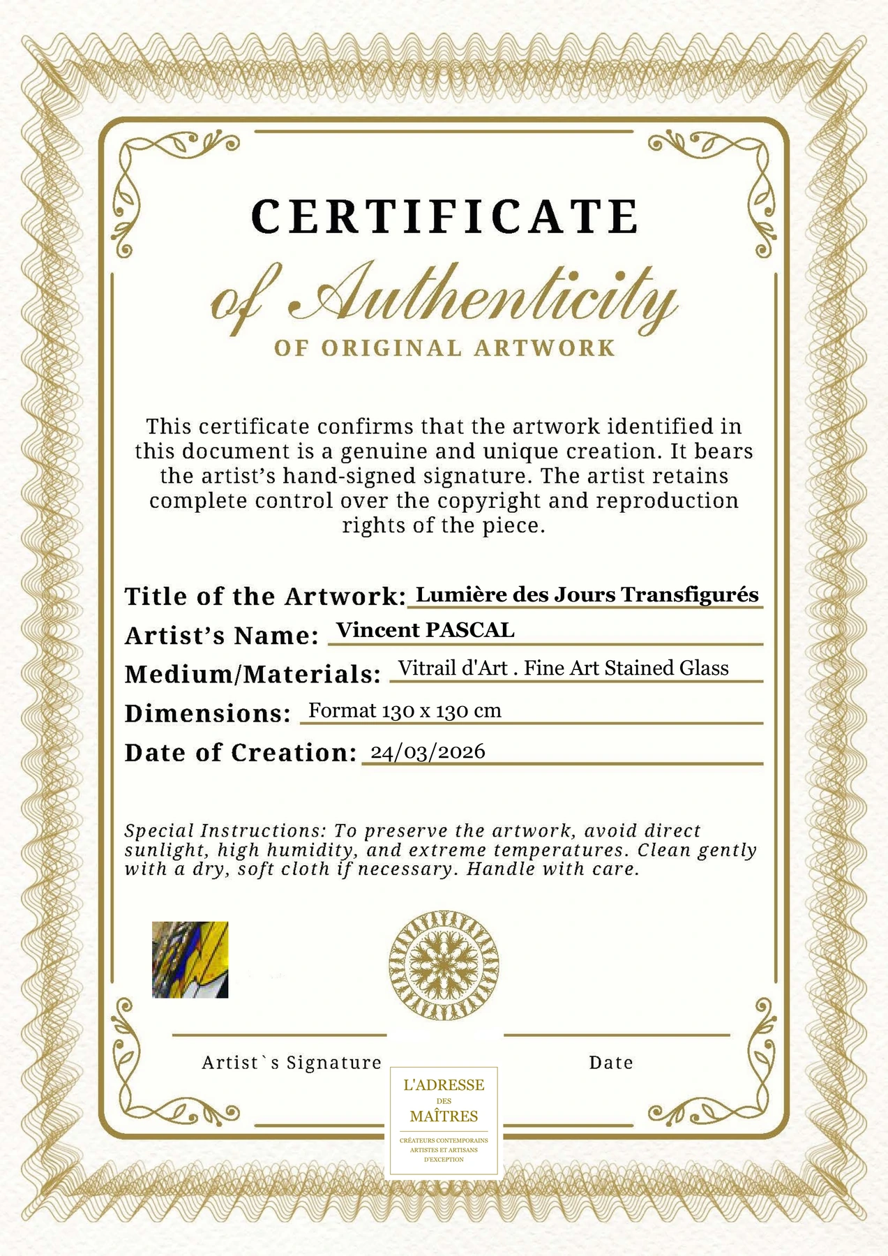 Certificat d'authenticité - Lumière des Jours Transfigurés - Vincent PASCAL