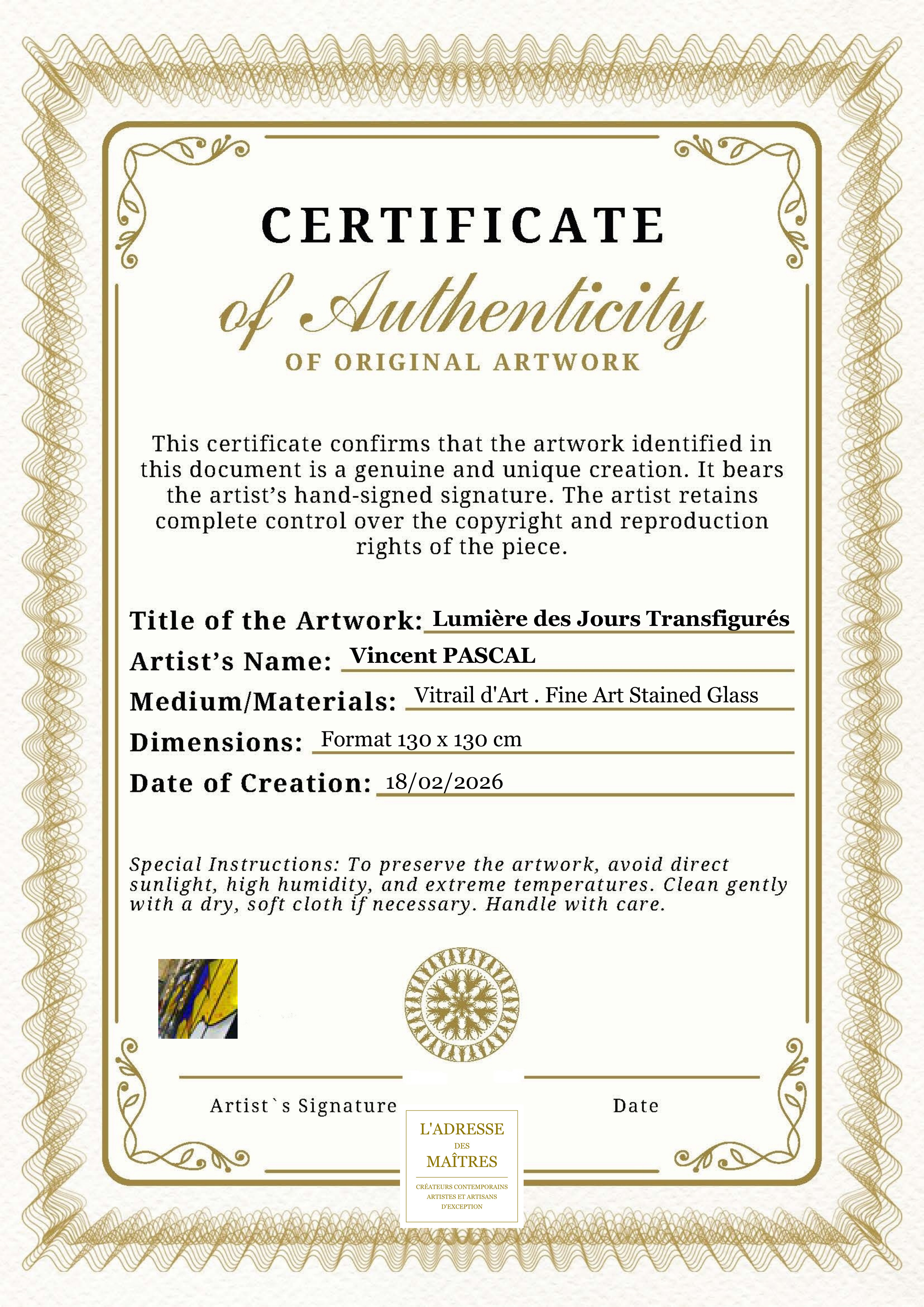 Certificat d'authenticité — Lumière des Jours Transfigurés — Vincent PASCAL