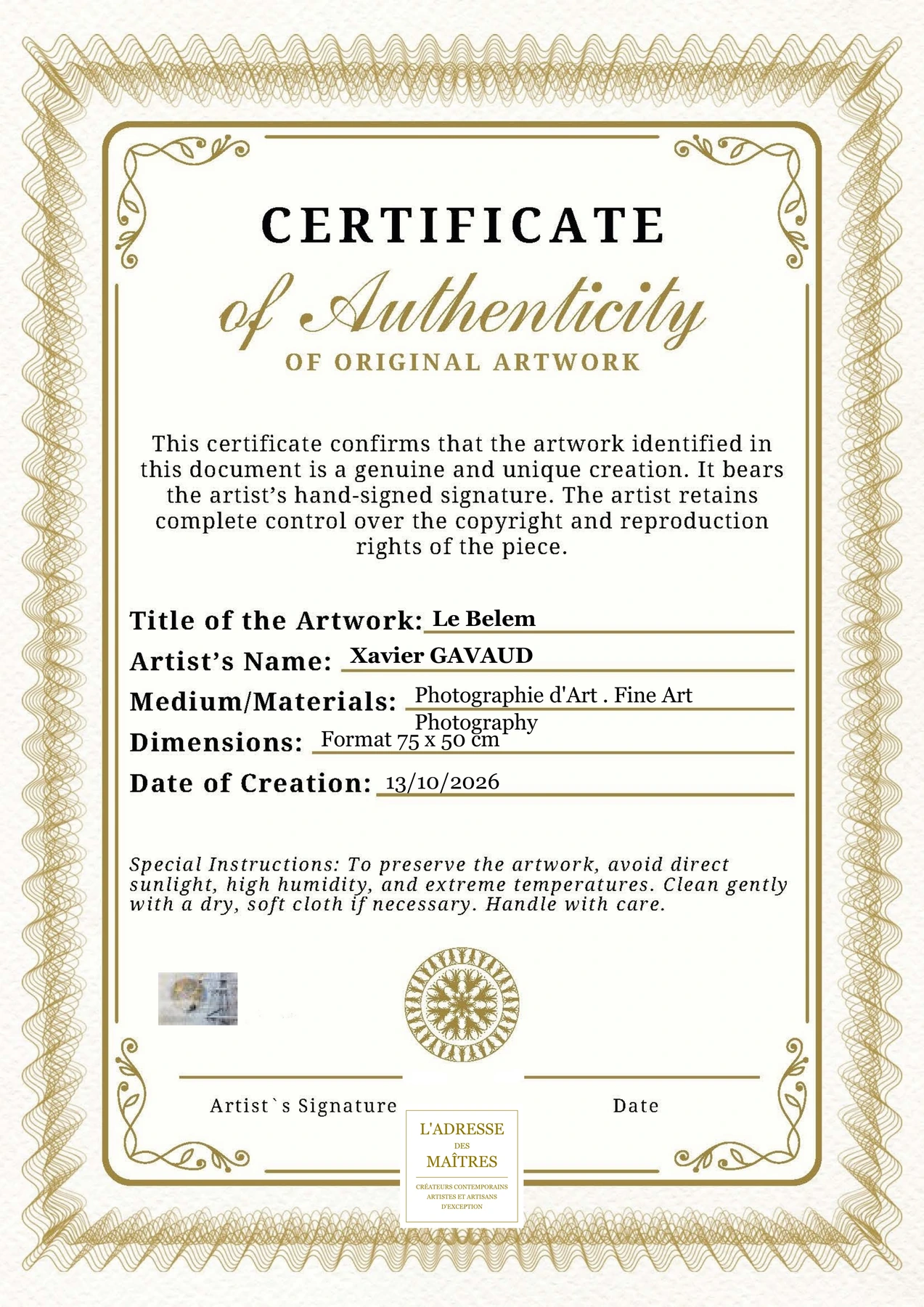 Certificat d'authenticité - Le Belem - Xavier GAVAUD