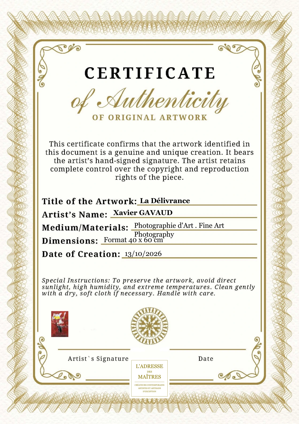 Certificat d'authenticité - La Délivrance - Xavier GAVAUD