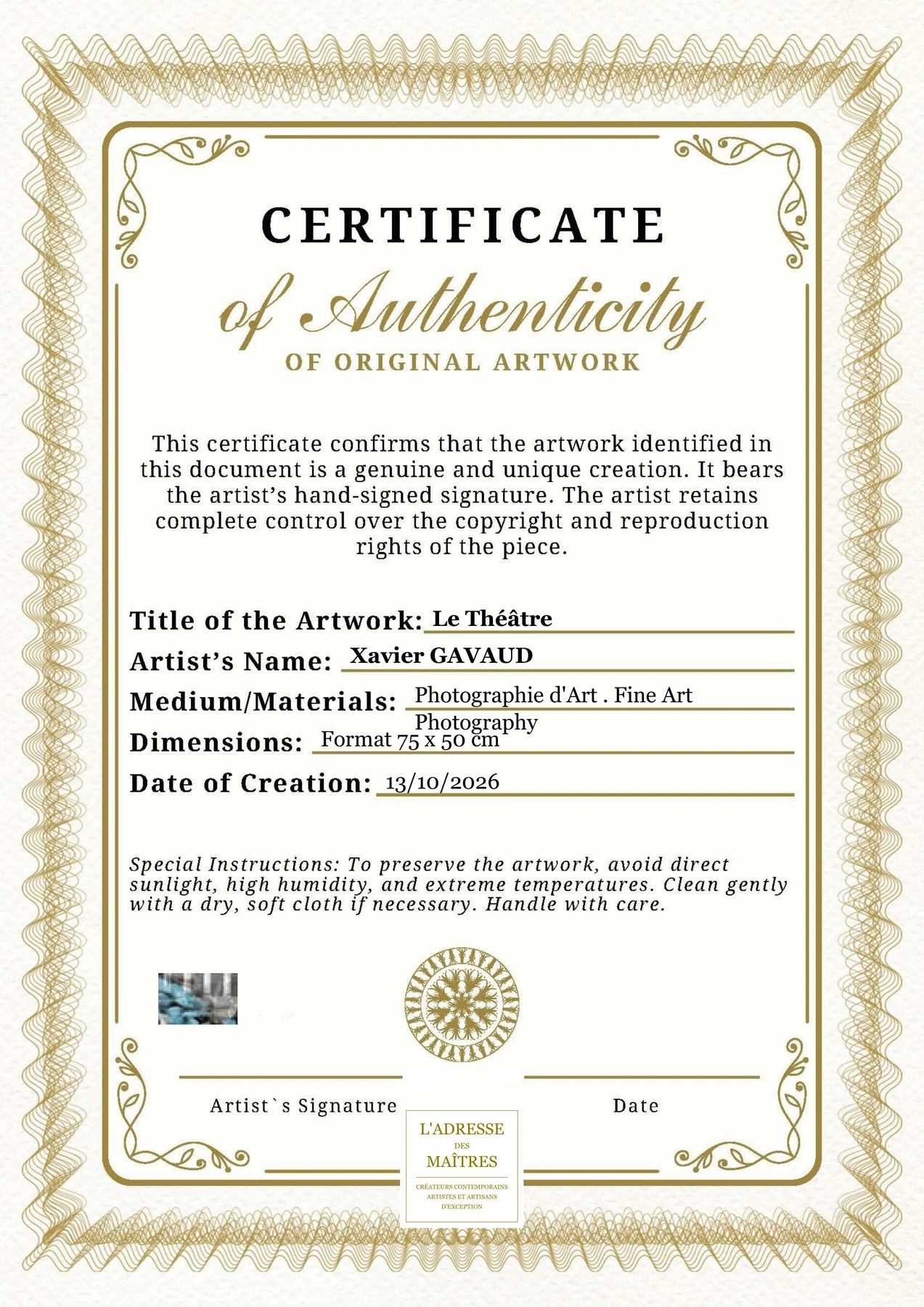 Certificat d'authenticité - Le Théâtre - Xavier GAVAUD