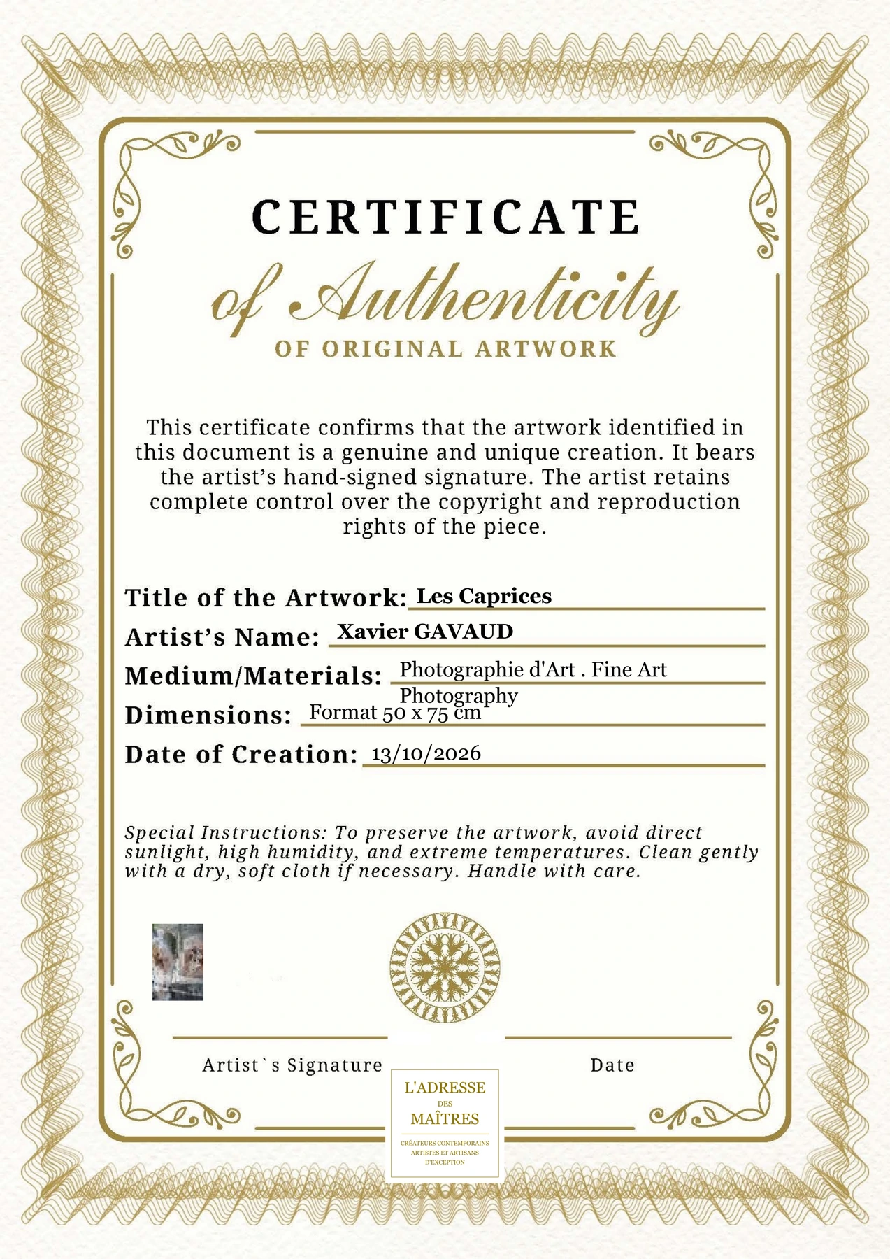 Certificat d'authenticité - Les Caprices - Xavier GAVAUD