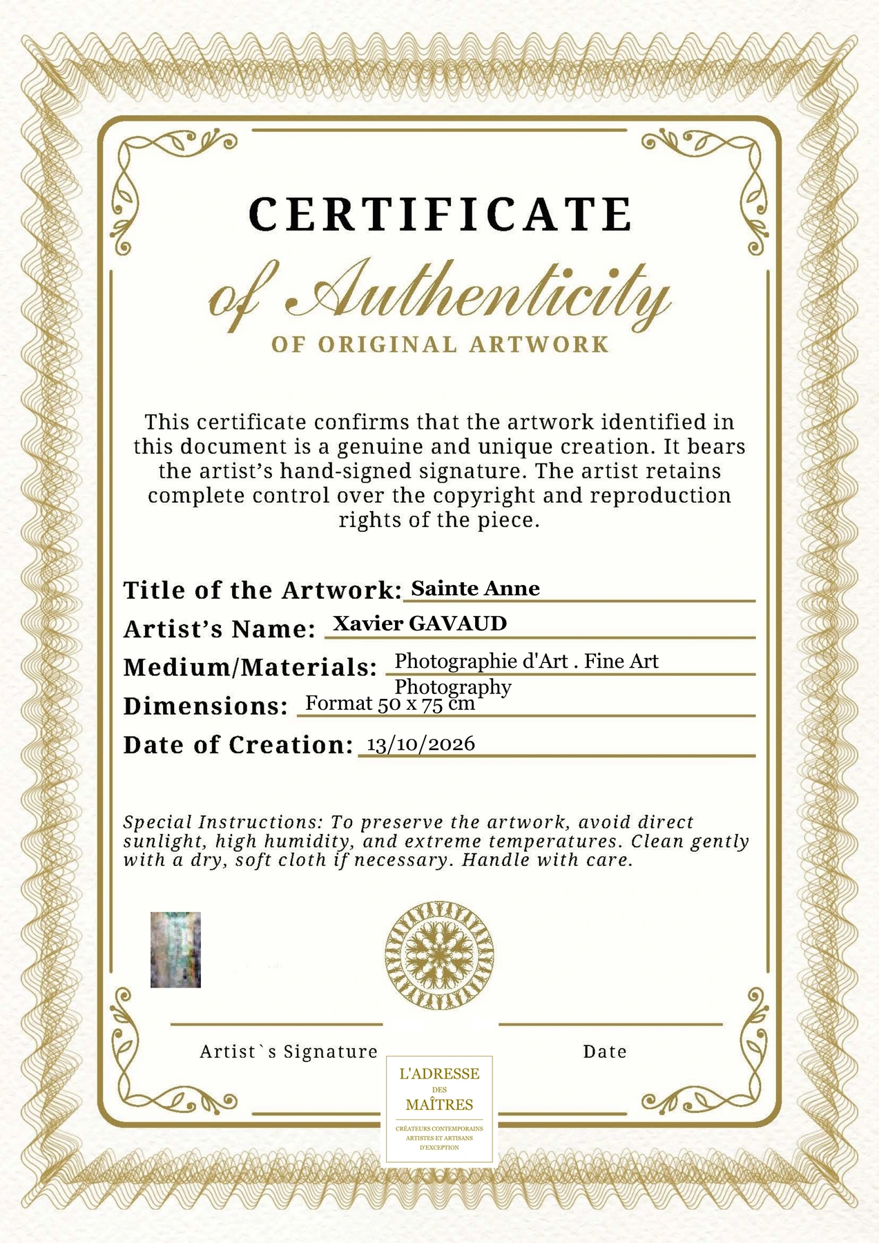 Certificat d'authenticité - Sainte Anne - Xavier GAVAUD