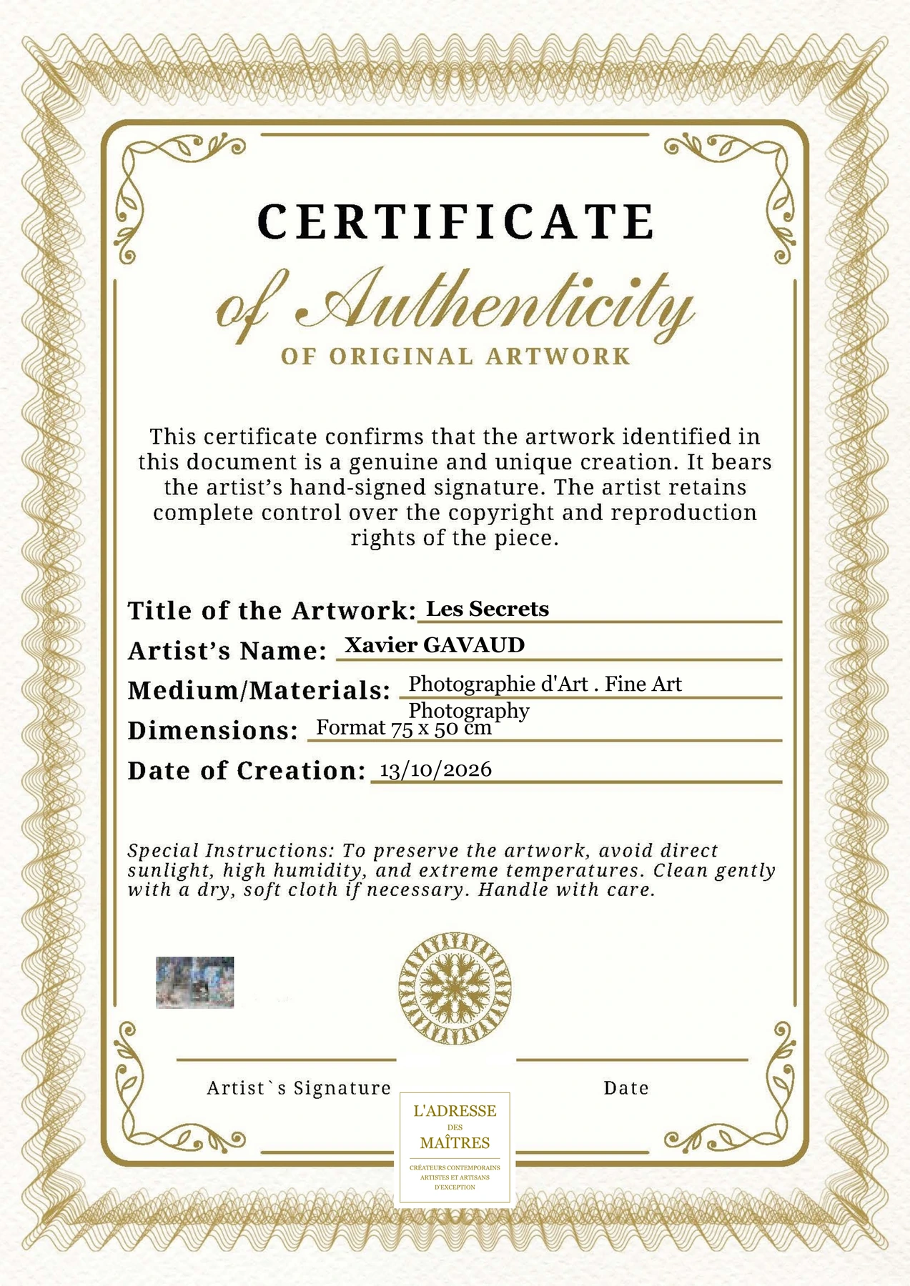 Certificat d'authenticité - Les Secrets - Xavier GAVAUD