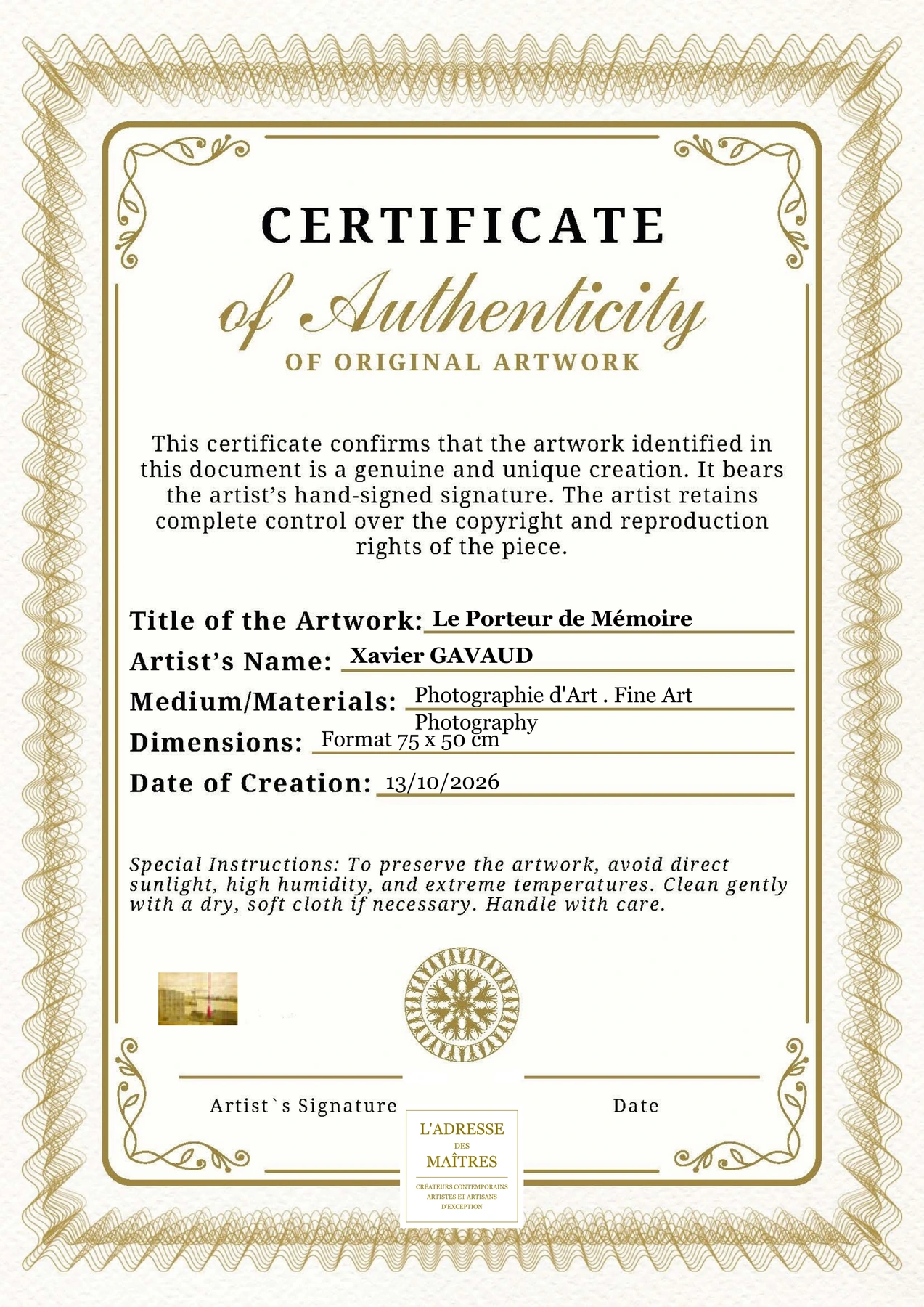 Certificat d'authenticité - Le Porteur de Mémoire - Xavier GAVAUD