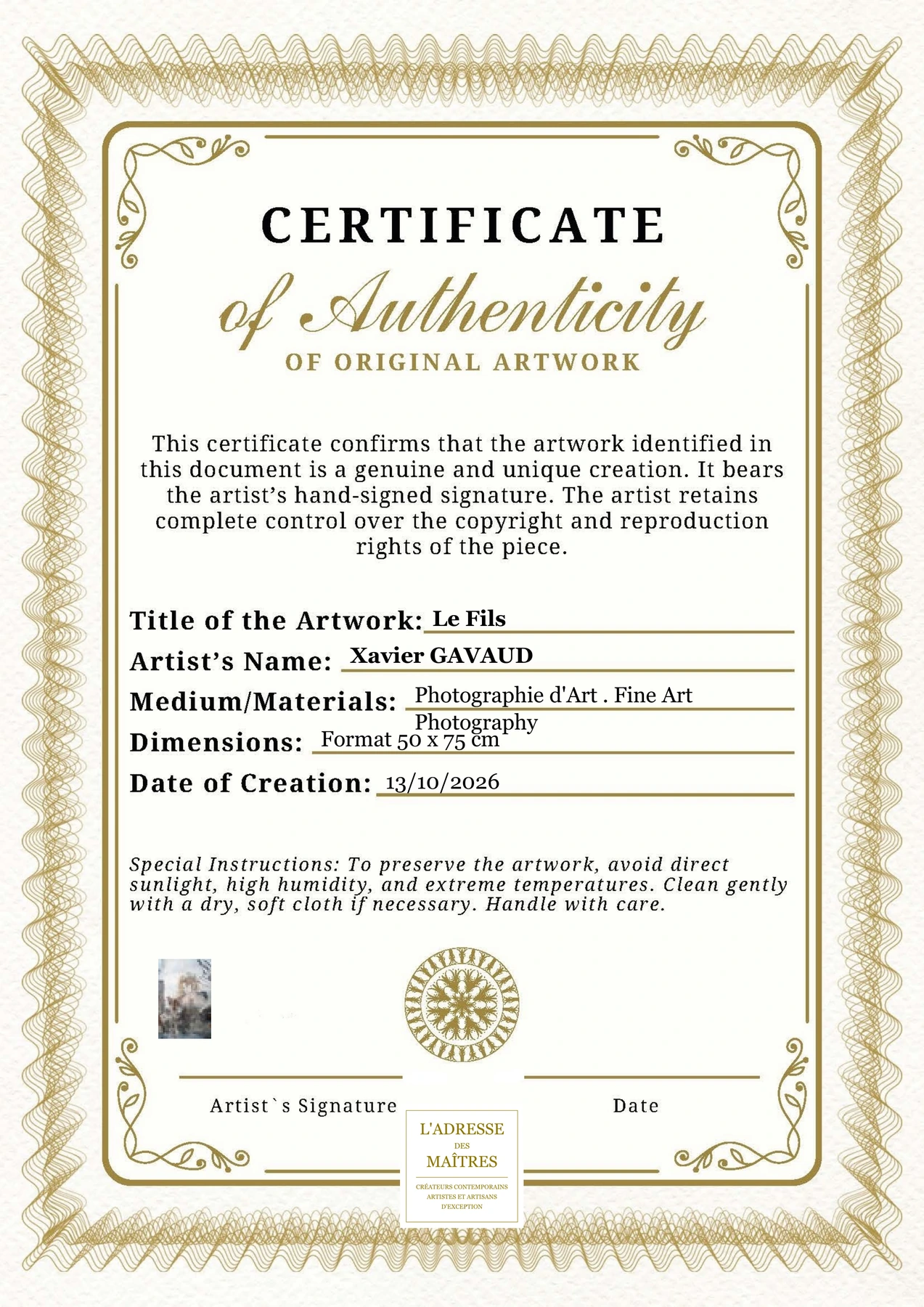 Certificat d'authenticité - Le Fils - Xavier GAVAUD