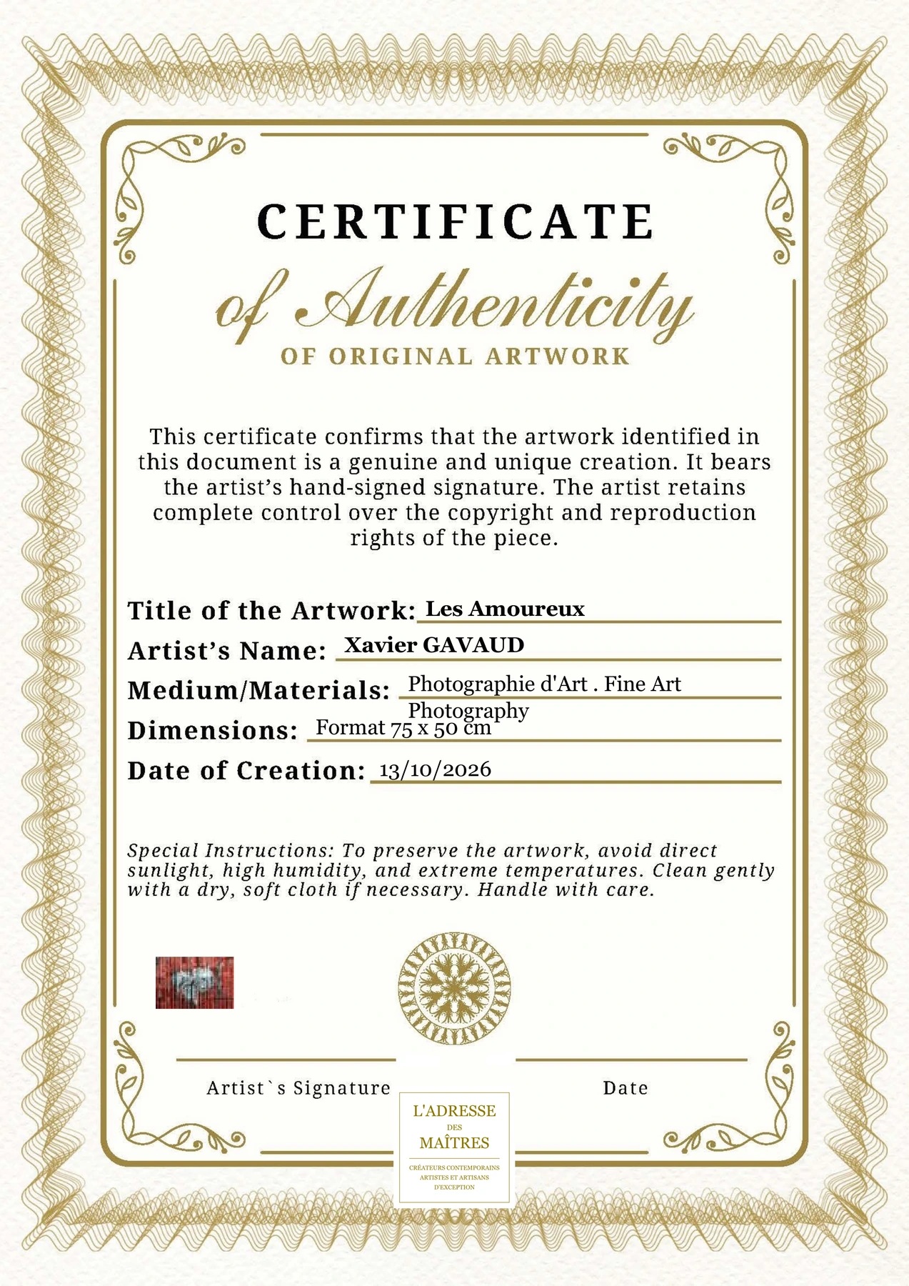 Certificat d'authenticité - Les Amoureux - Xavier GAVAUD