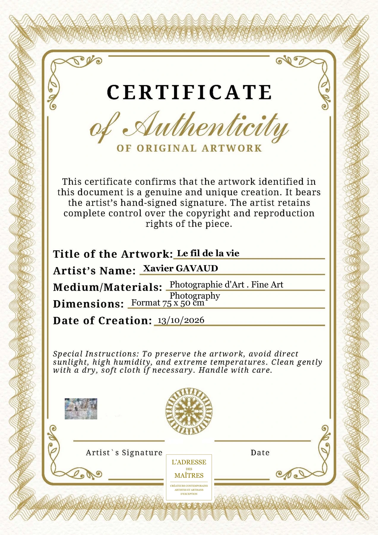Certificat d'authenticité - Le fil de la vie - Xavier GAVAUD