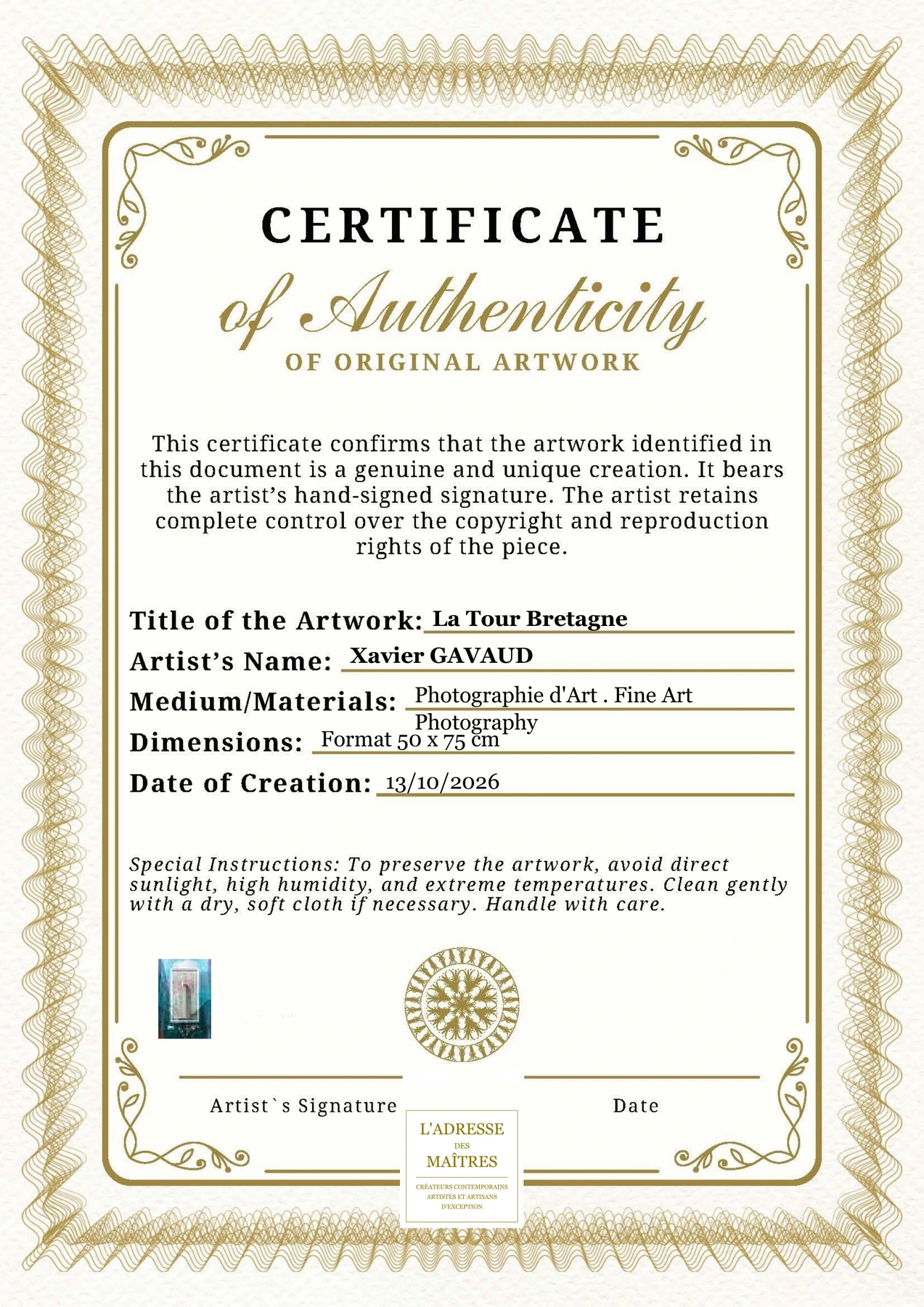 Certificat d'authenticité - La Tour Bretagne - Xavier GAVAUD