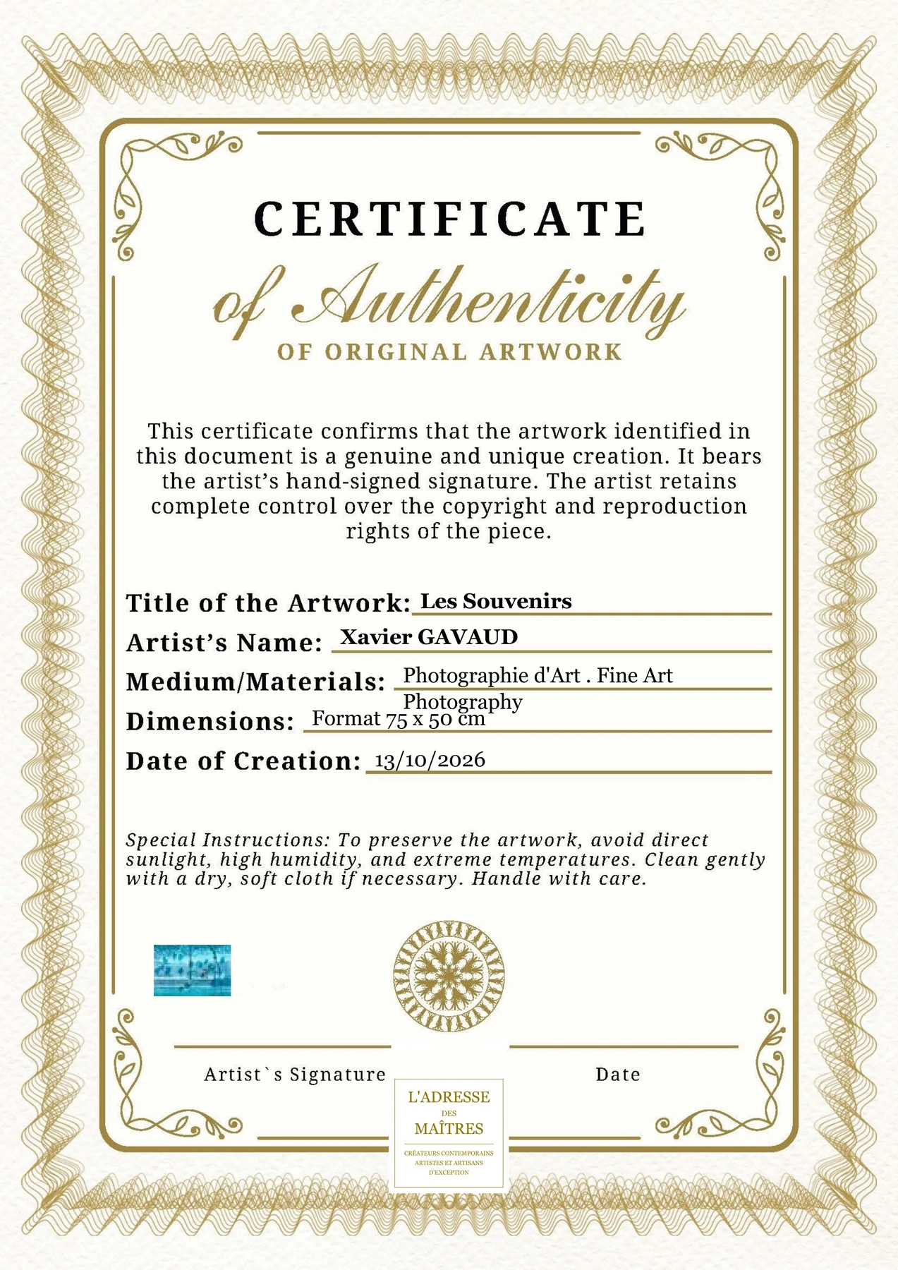 Certificat d'authenticité - Les Souvenirs - Xavier GAVAUD