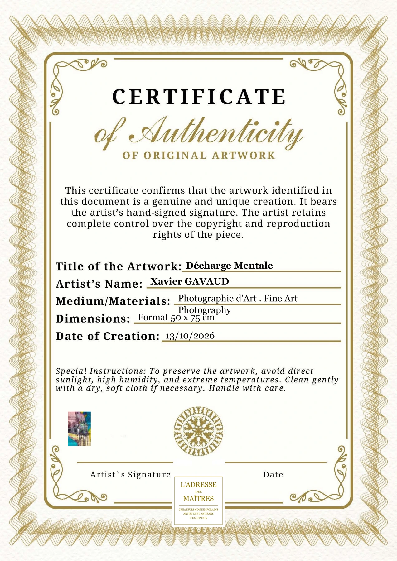Certificat d'authenticité - Décharge Mentale - Xavier GAVAUD
