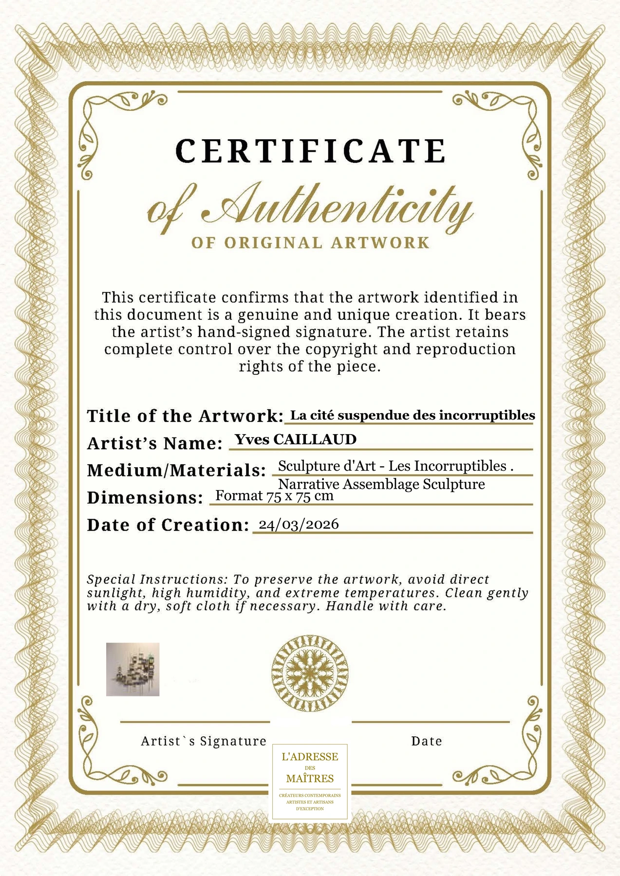 Certificat d'authenticité - La cité suspendue des incorruptibles - Yves CAILLAUD