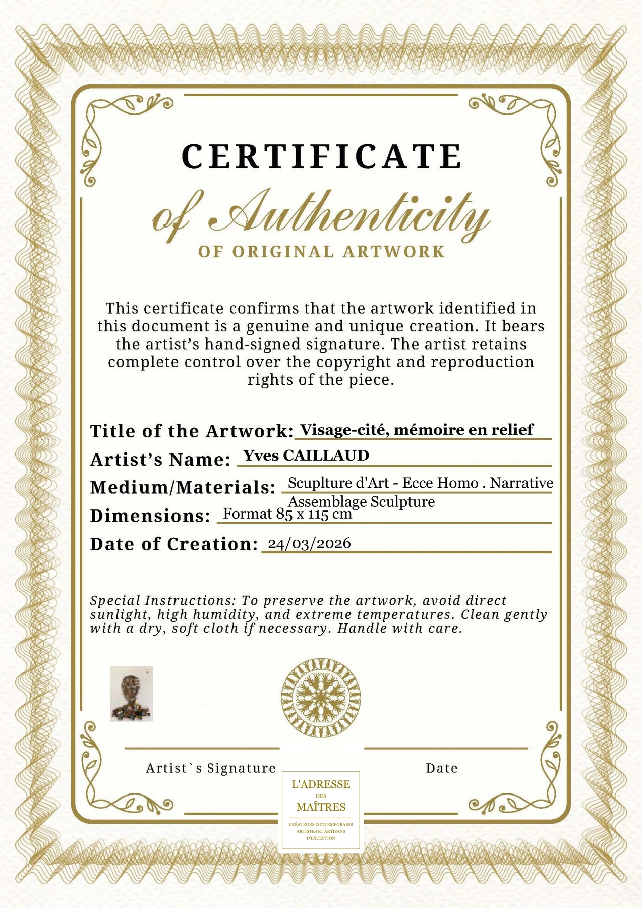 Certificat d'authenticité - Visage-cité, mémoire en relief - Yves CAILLAUD