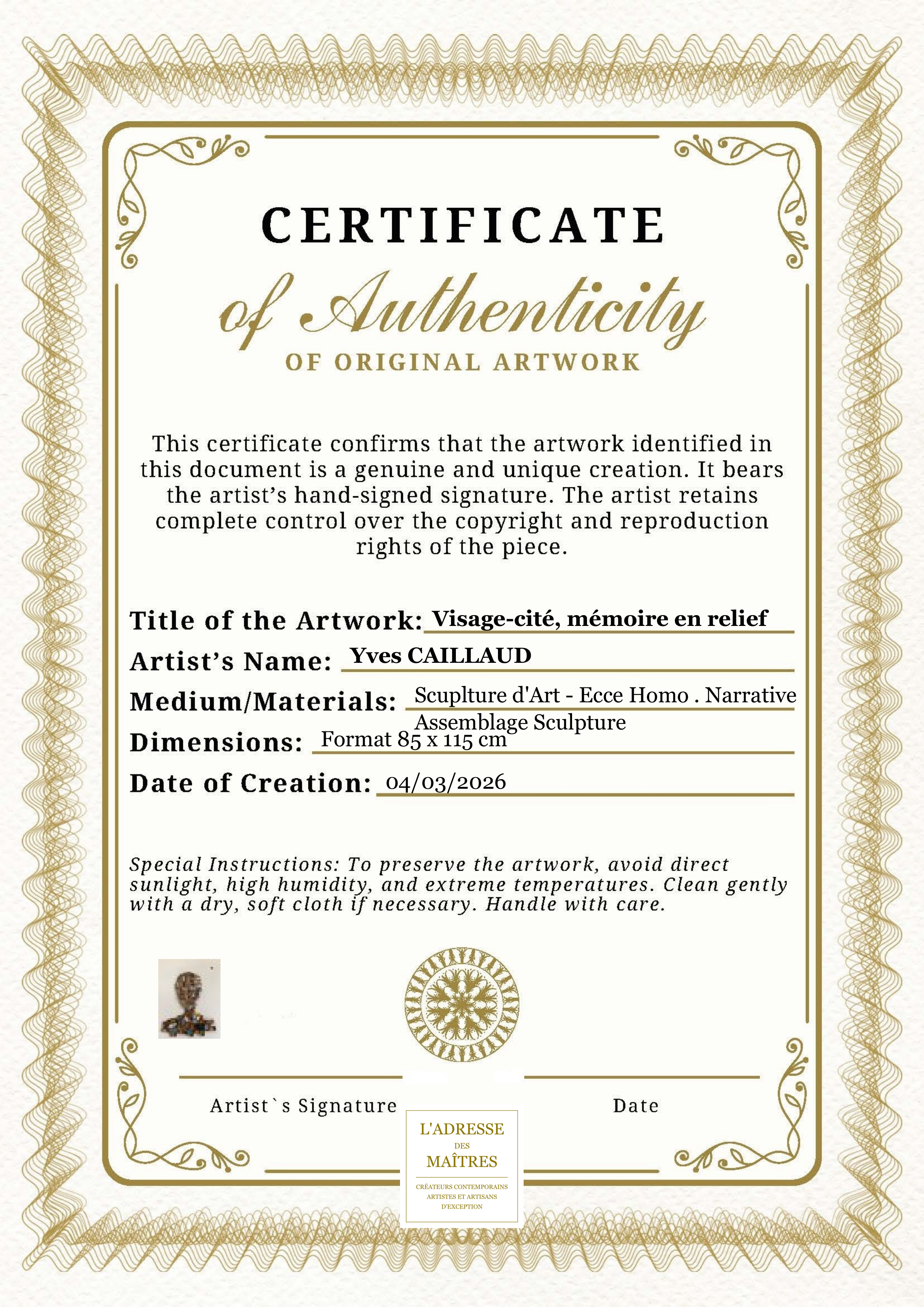 Certificat d'authenticité — Visage-cité, mémoire en relief — Yves CAILLAUD