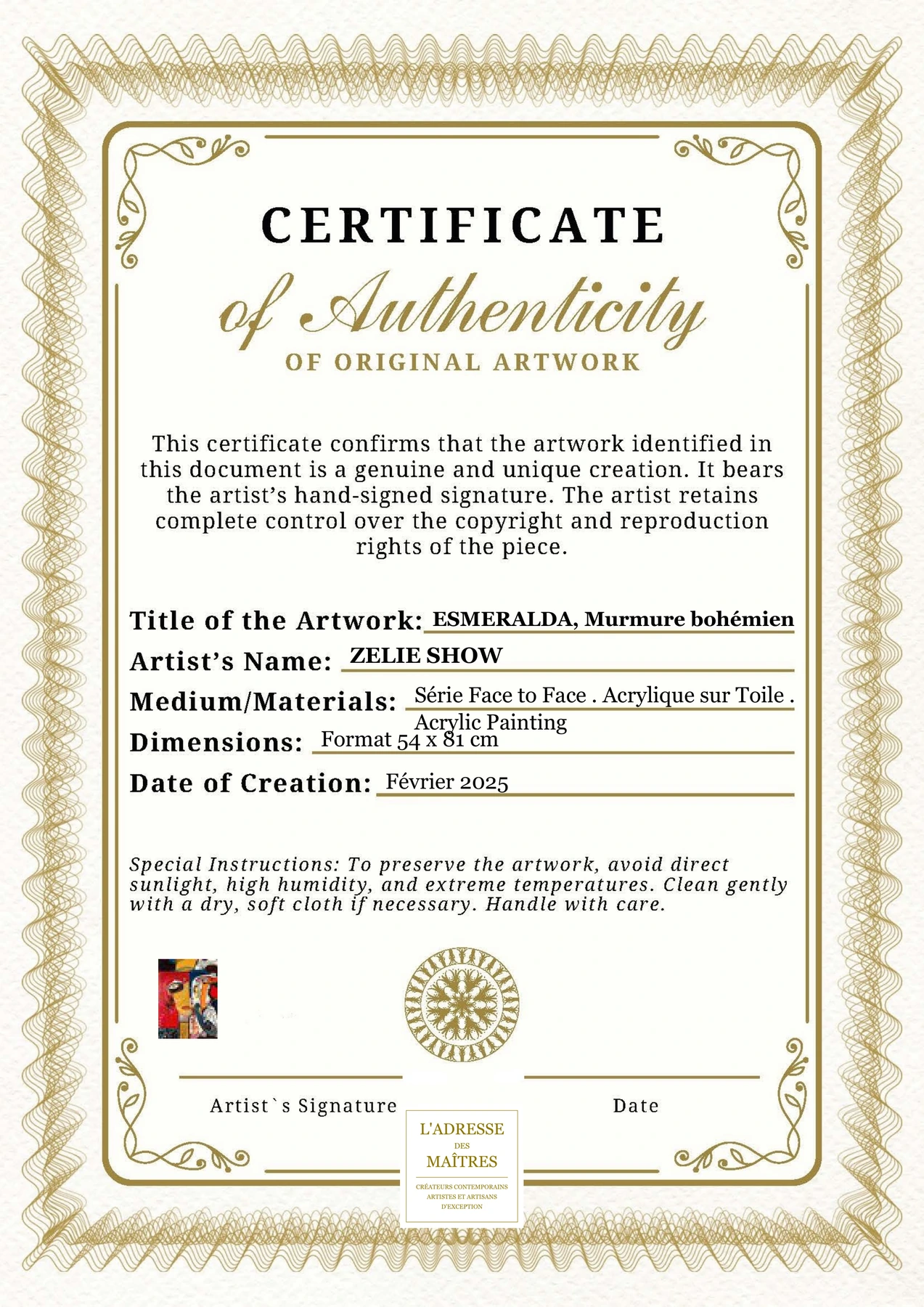 Certificat d'authenticité - ESMERALDA, Murmure bohémien - ZELIE SHOW