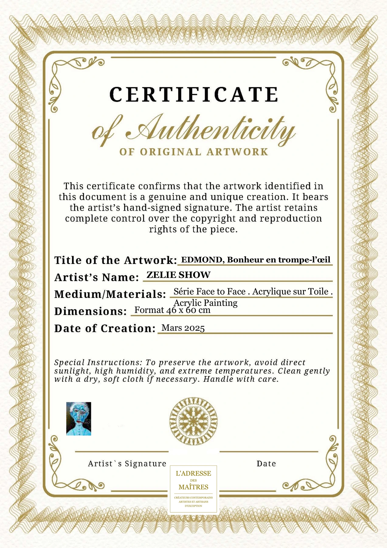 Certificat d'authenticité - EDMOND, Bonheur en trompe-l’œil - ZELIE SHOW