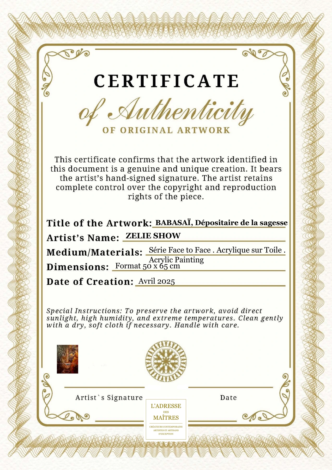 Certificat d'authenticité - BABASAÏ, Dépositaire de la sagesse - ZELIE SHOW